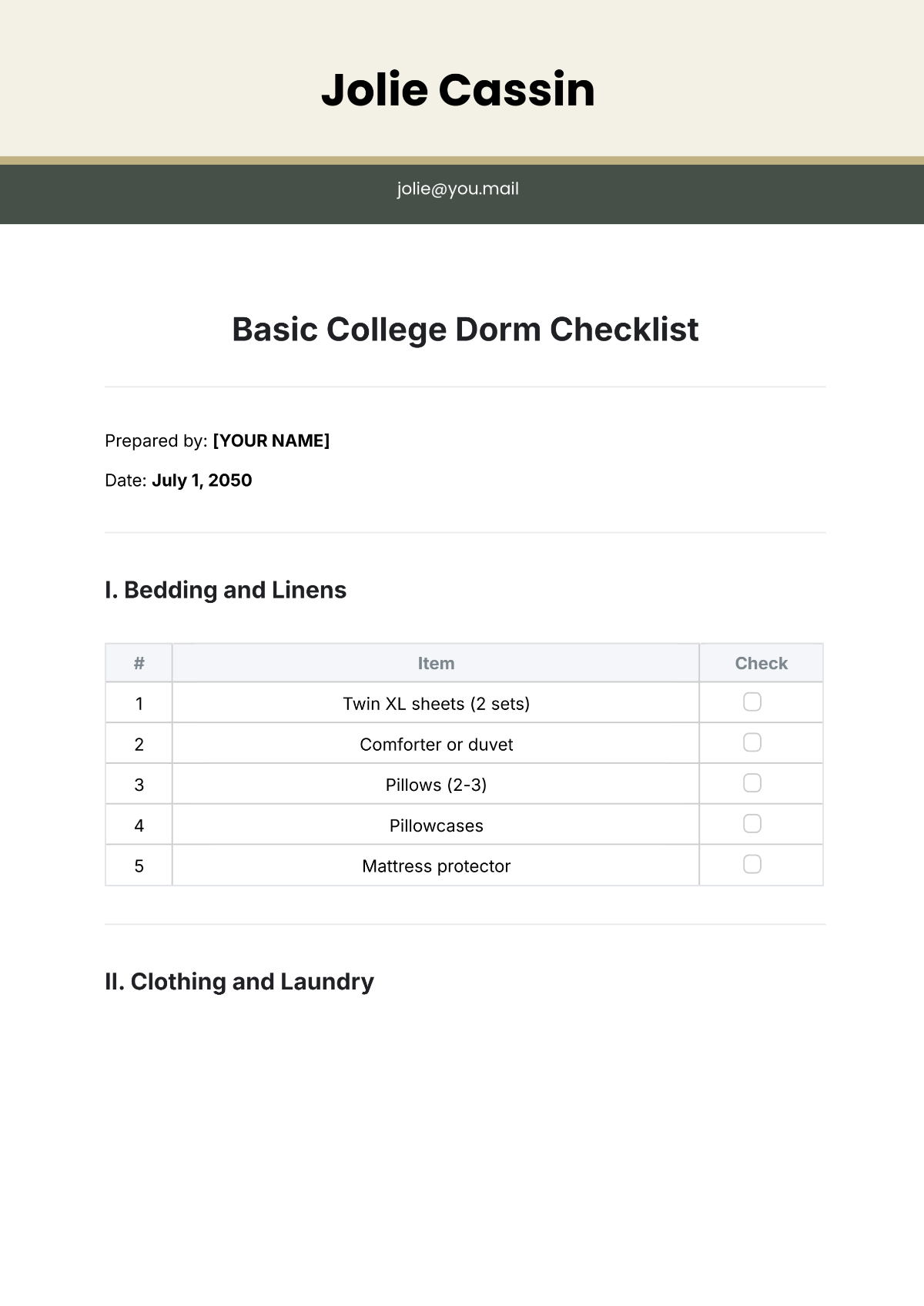 Basic College Dorm Checklist Template - Edit Online & Download