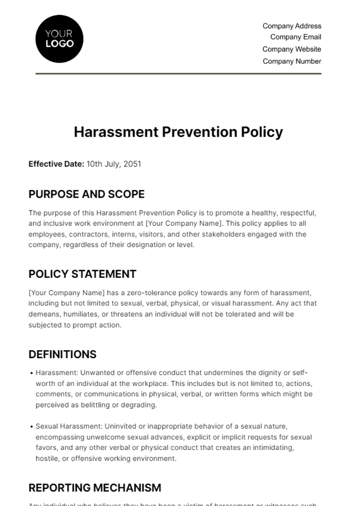 Harassment Prevention Policy HR Template