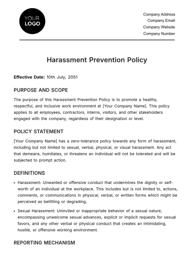 Free Harassment Prevention Policy HR Template to Edit Online