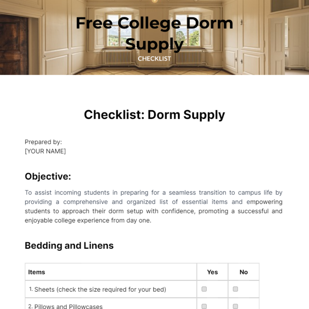 College Dorm Supply Checklist Template