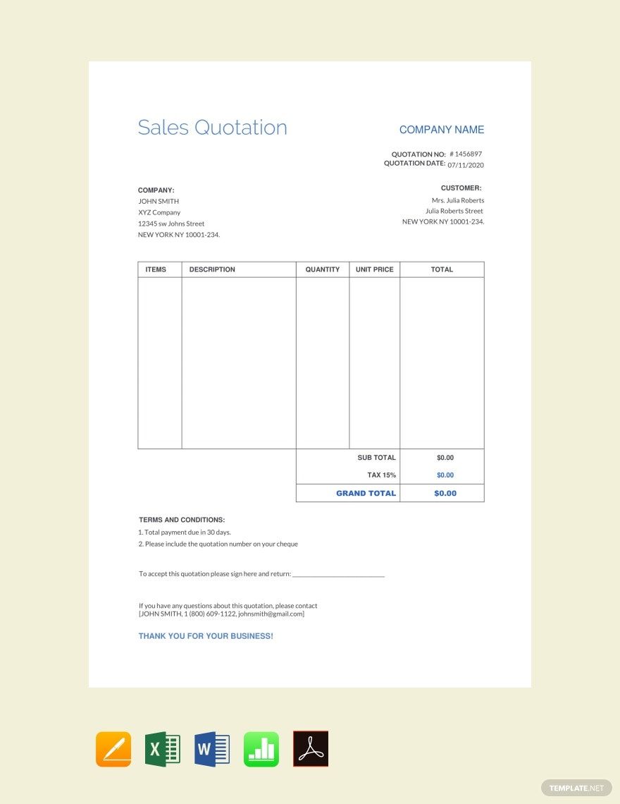 Editable Sales Quotation Template in Word, Google Docs, Excel, PDF, Google Sheets, Apple Pages, Apple Numbers