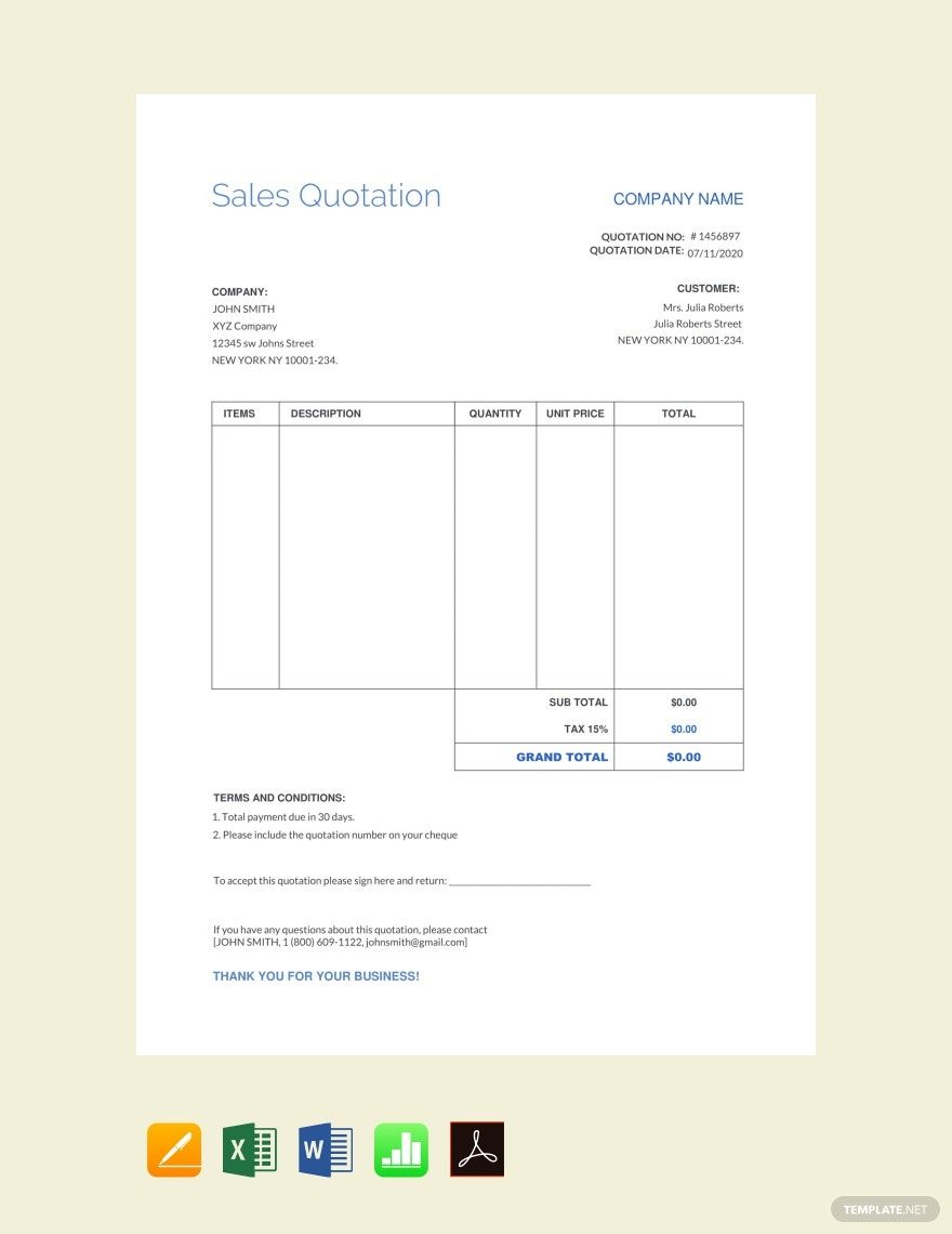 Editable Sales Quotation Template in Google Sheets, Apple Numbers, Word, Pages, Excel, PDF, Google Docs - Download | Template.net