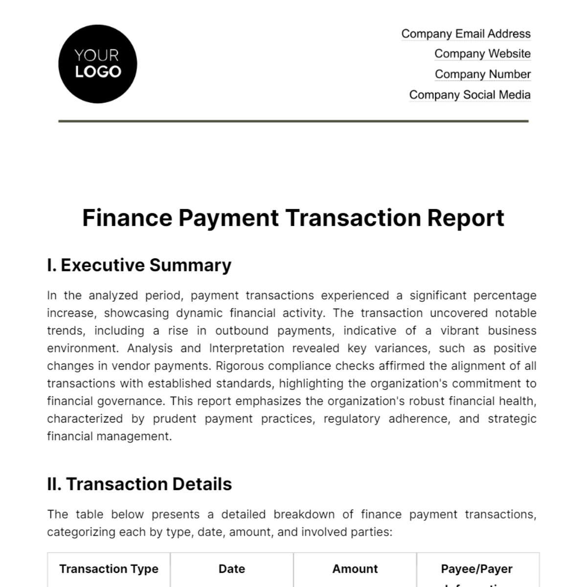 Finance Payment Transaction Report Template