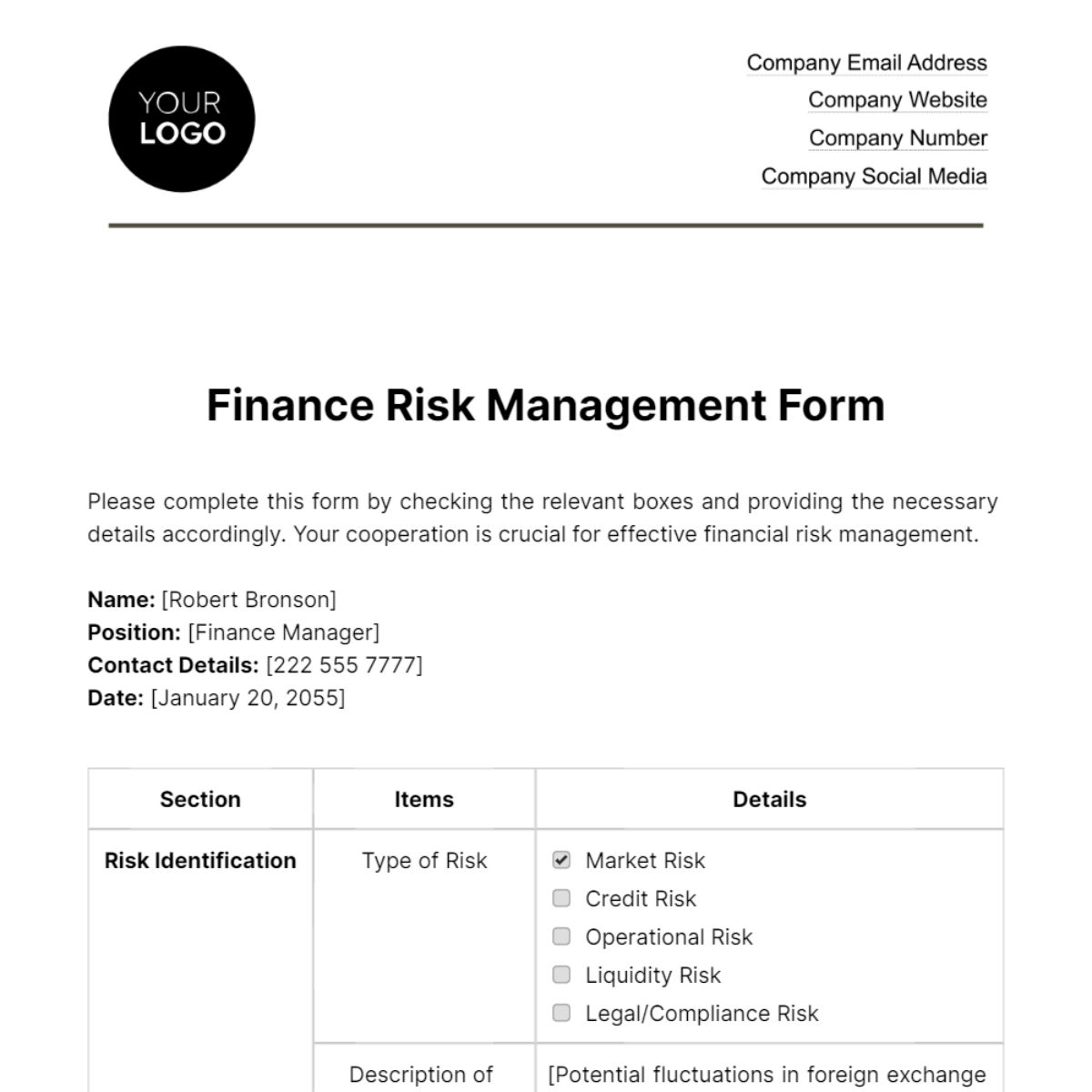 Finance Risk Management Form Template