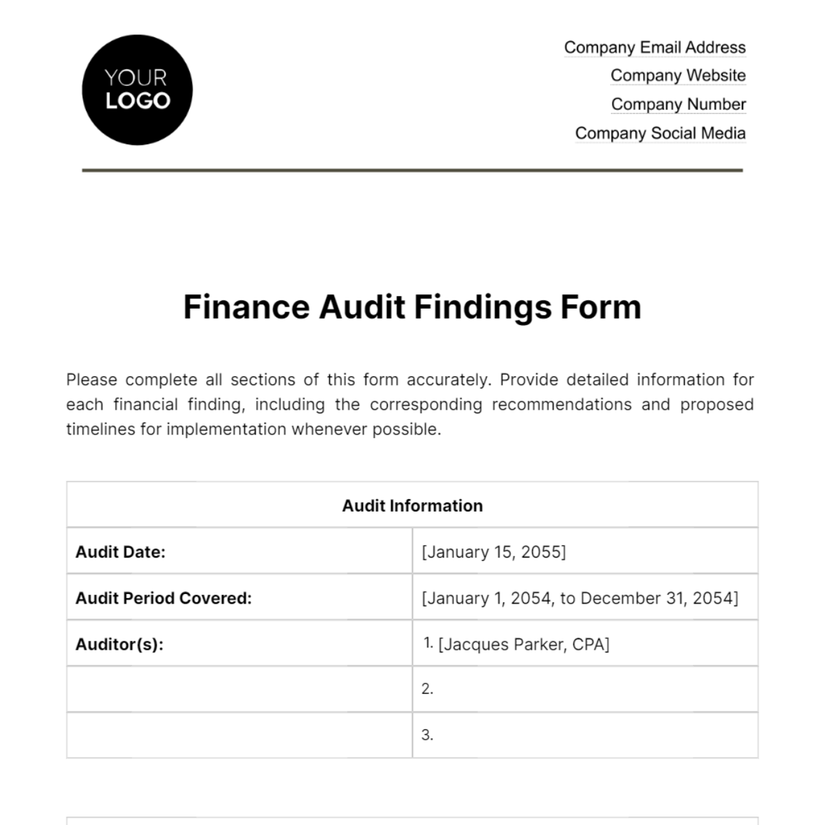 Free Finance Audit Findings Form Template