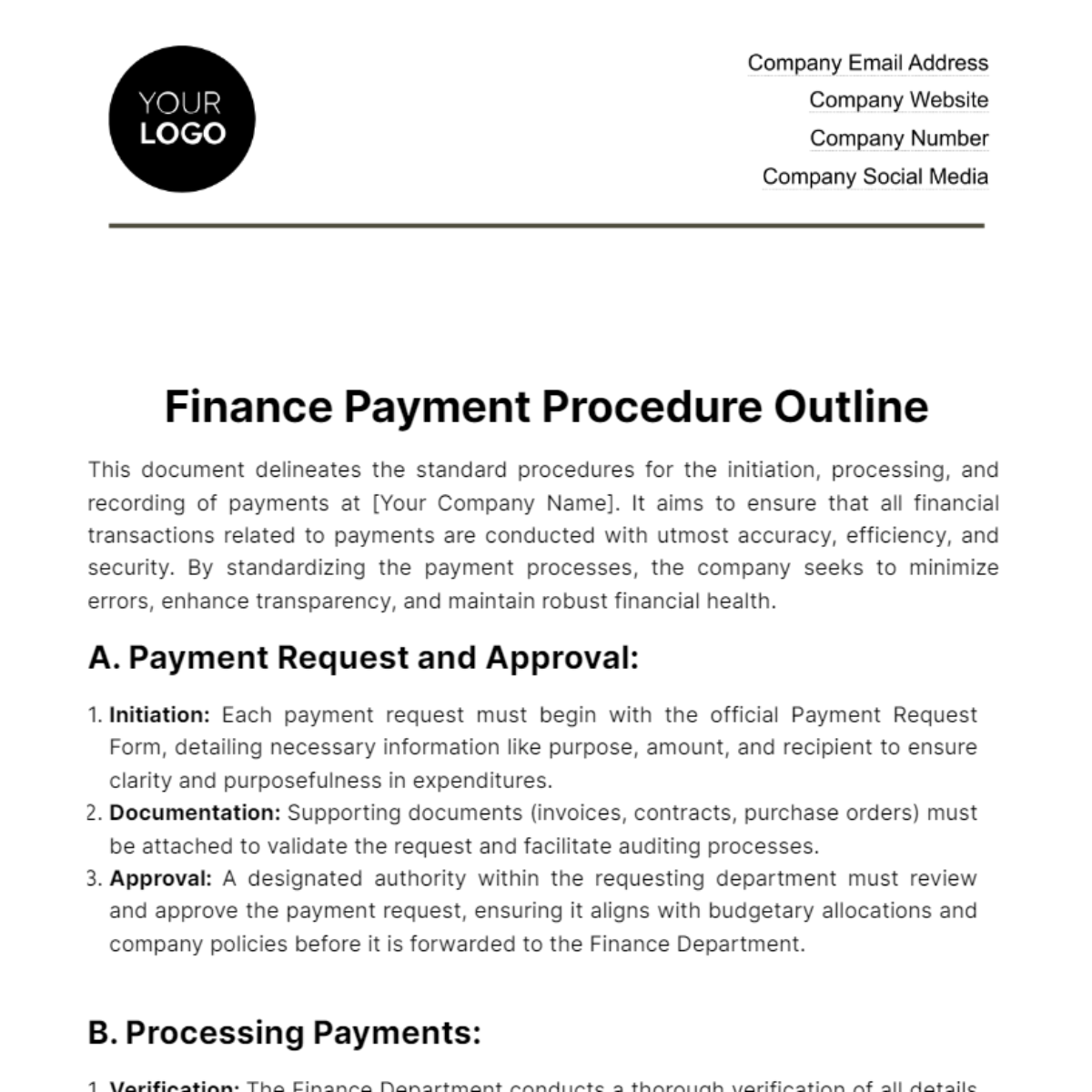 Finance Payment Procedure Outline Template