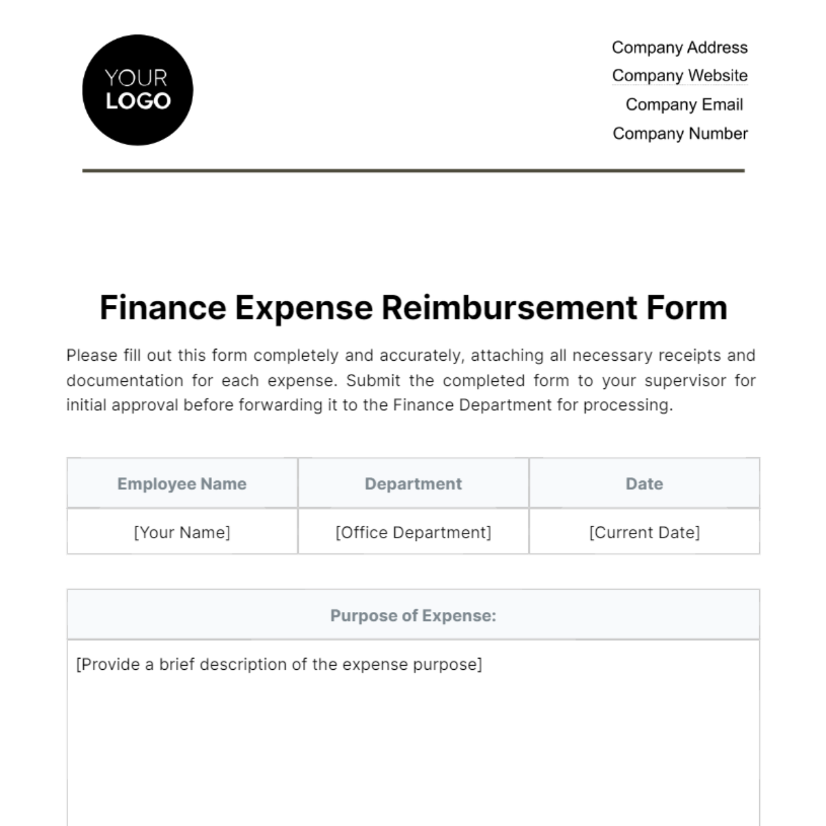Finance Expense Reimbursement Form Template