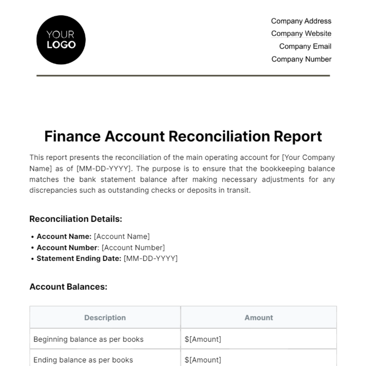 Finance Account Reconciliation Report Template