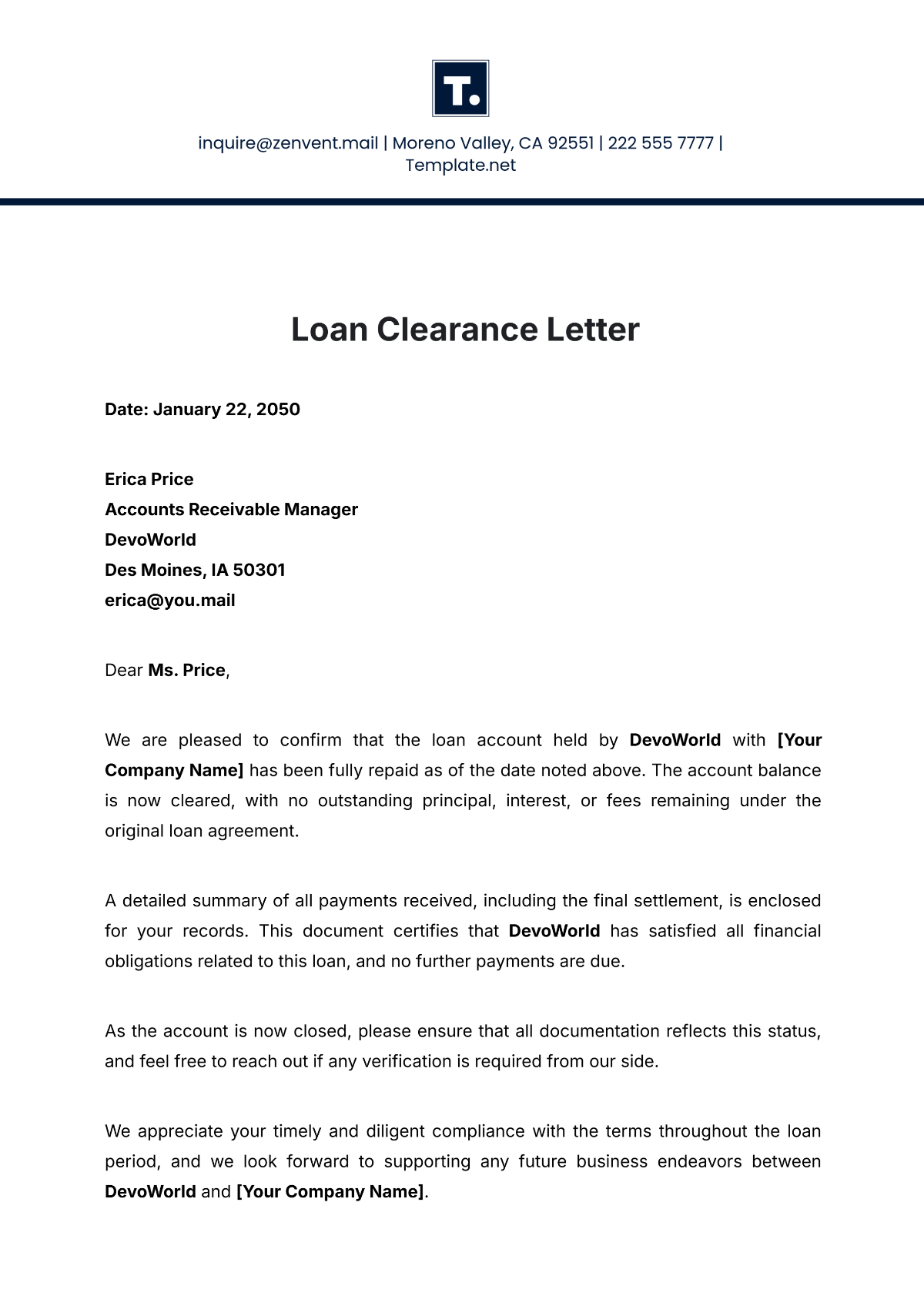 Loan Clearance Letter Template - Edit Online & Download