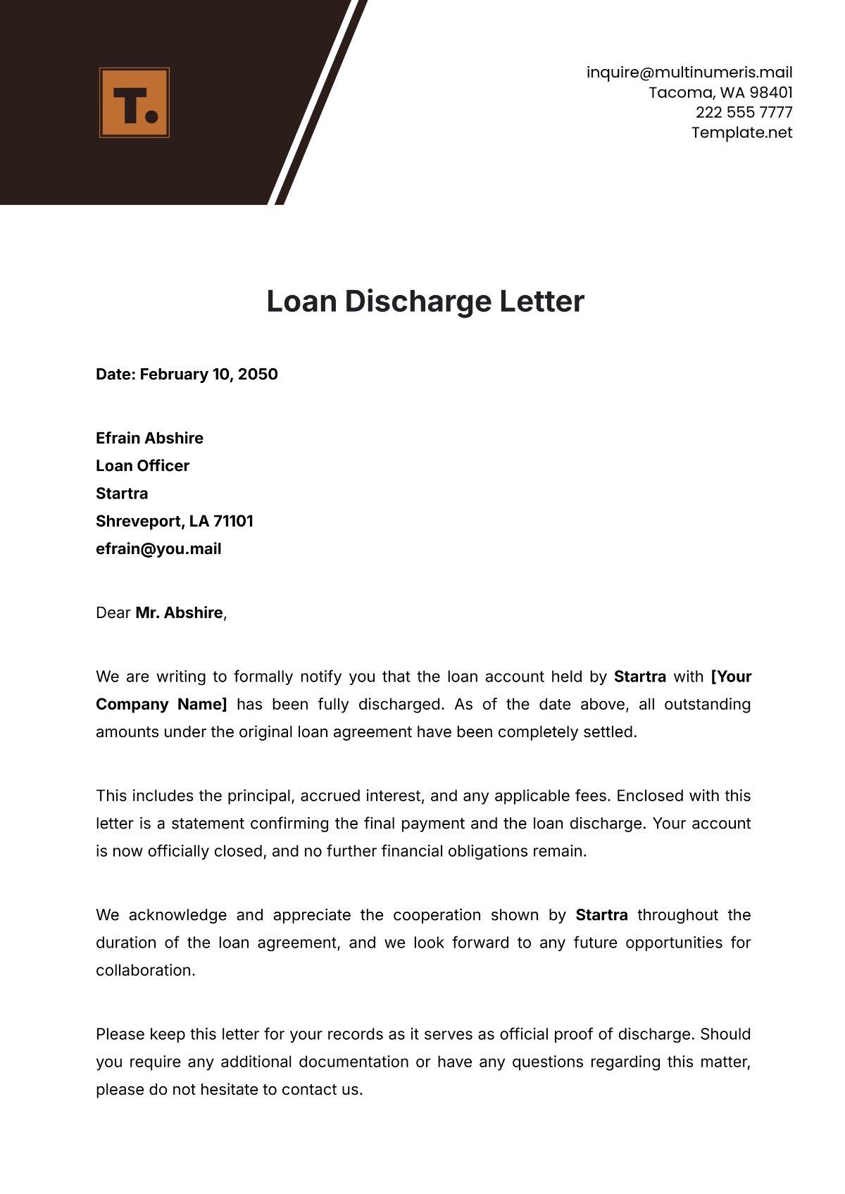 Loan Discharge Letter Template - Edit Online & Download