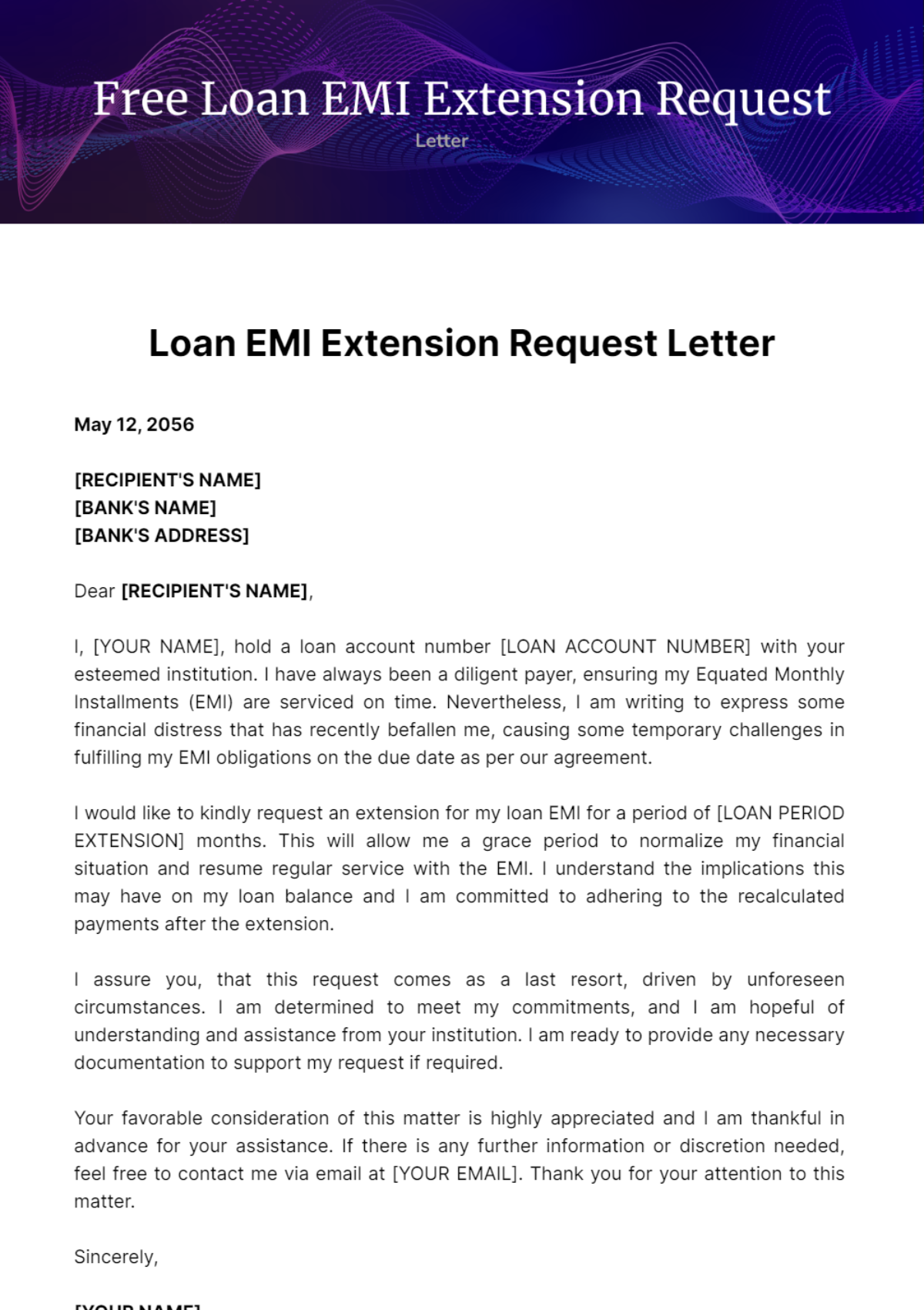 Free Loan EMI Extension Request Letter Template