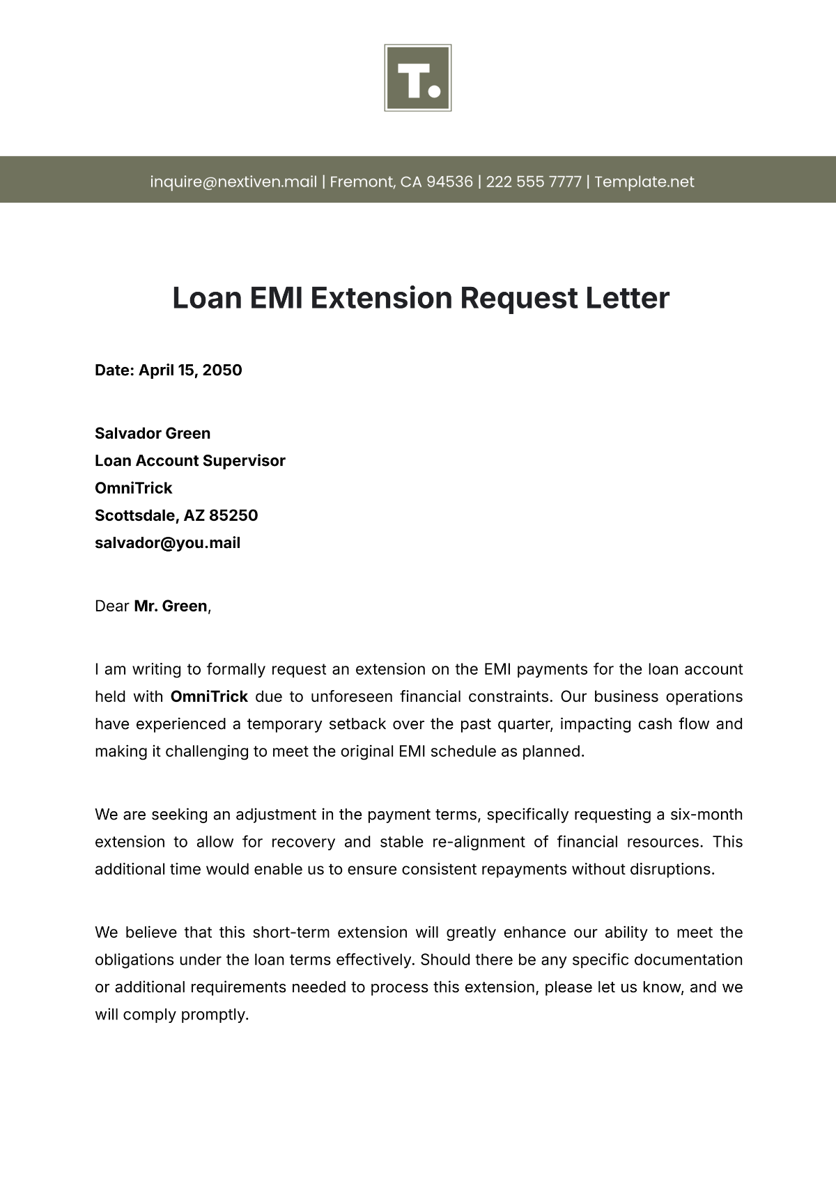 Loan EMI Extension Request Letter Template - Edit Online & Download