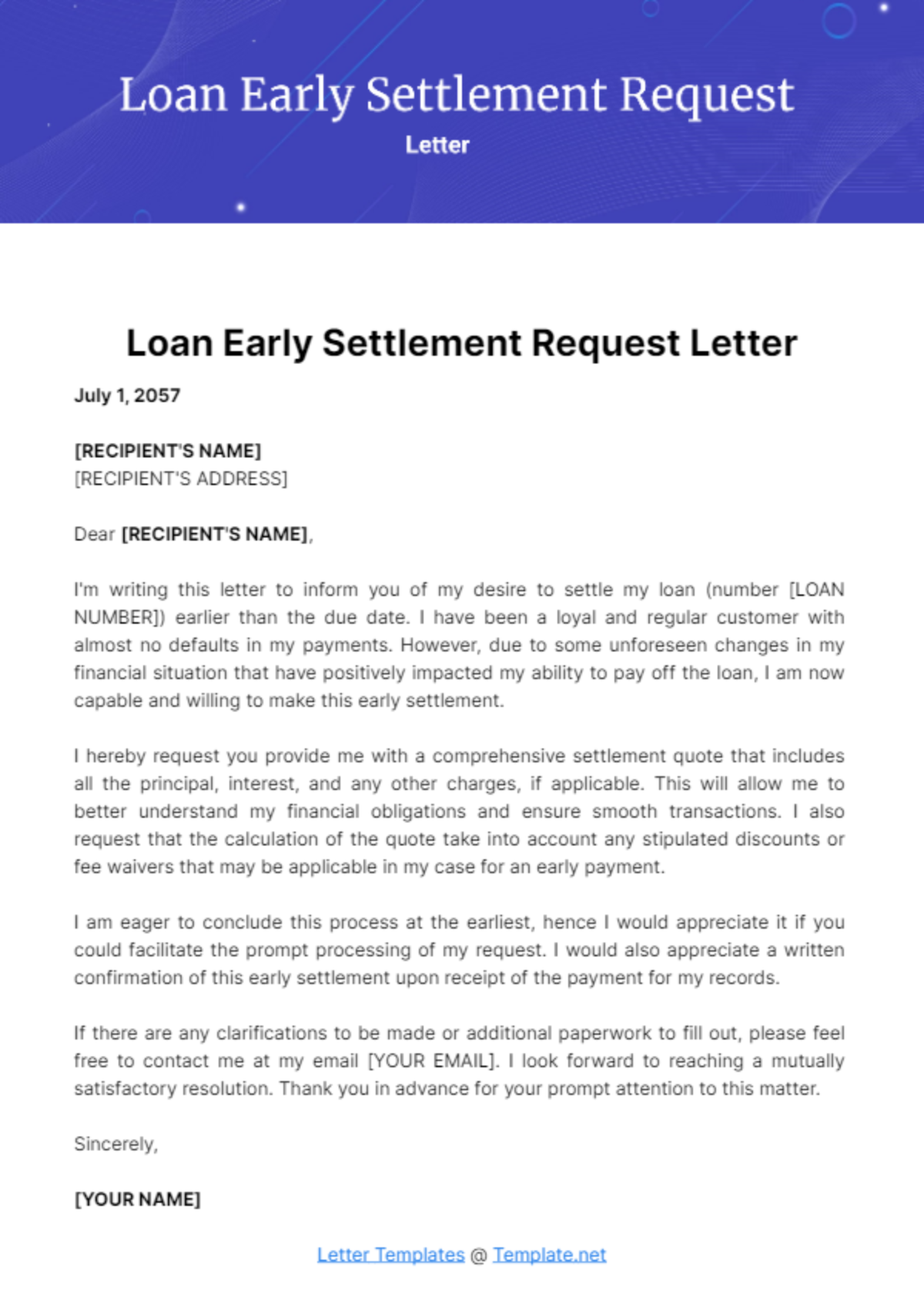 Free Loan Early Settlement Request Letter Template