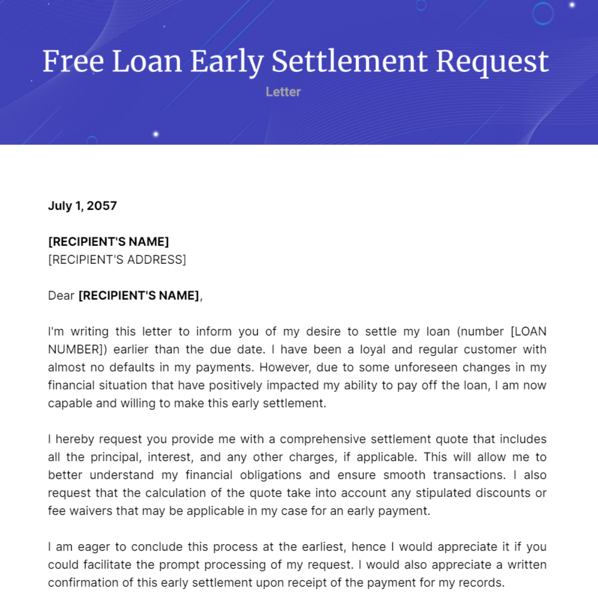 Loan Early Settlement Request Letter Template