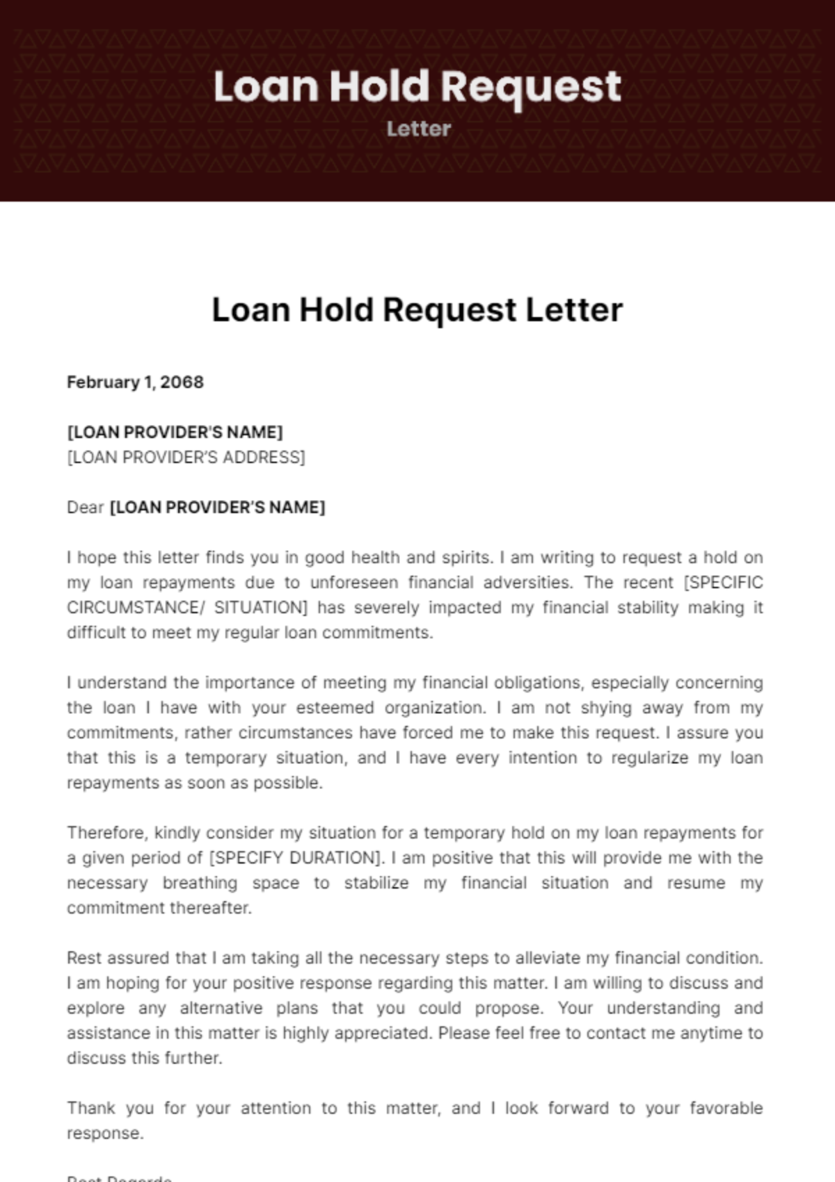 Free Loan Hold Request Letter Template
