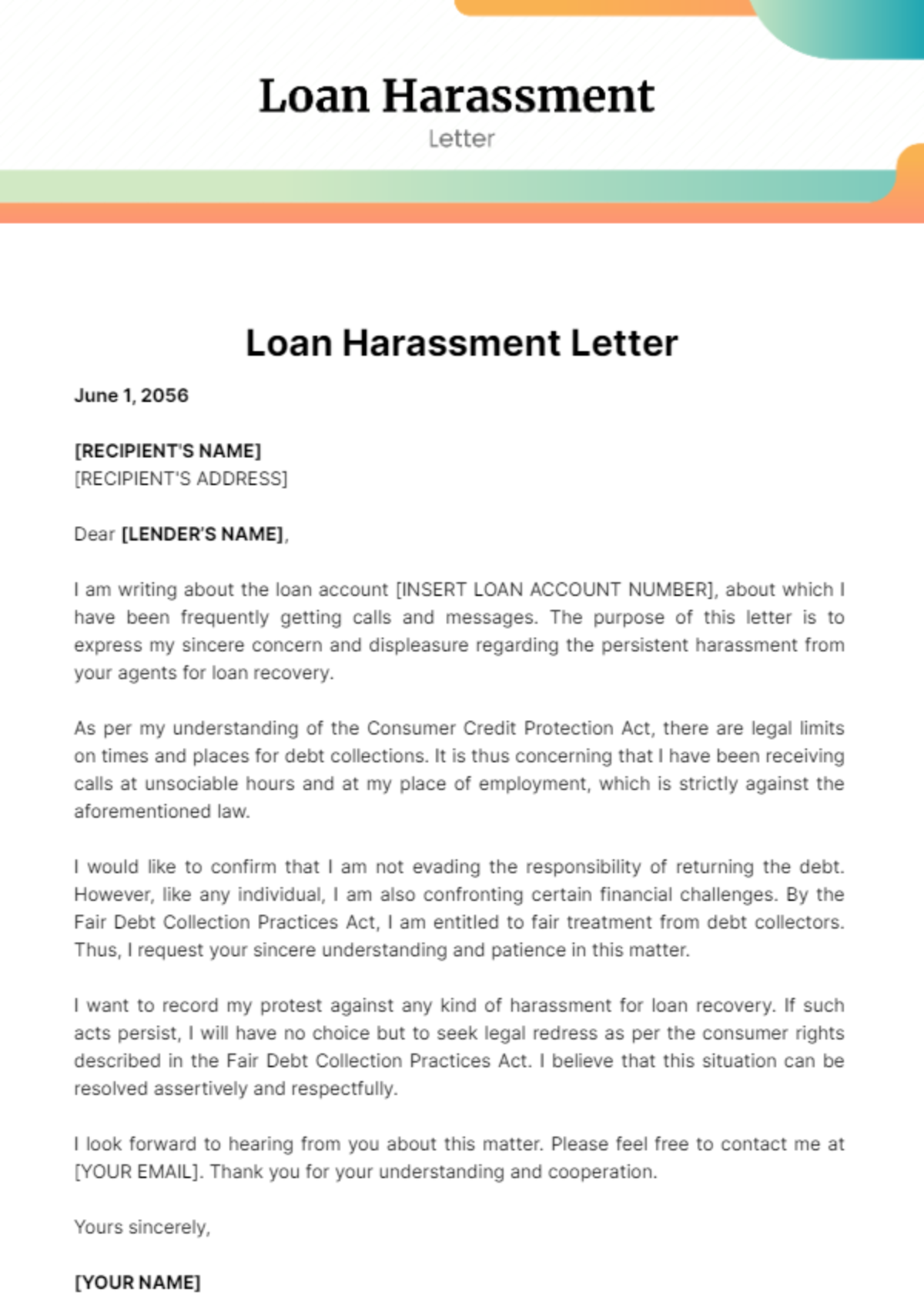 Free Loan Harassment Letter Template