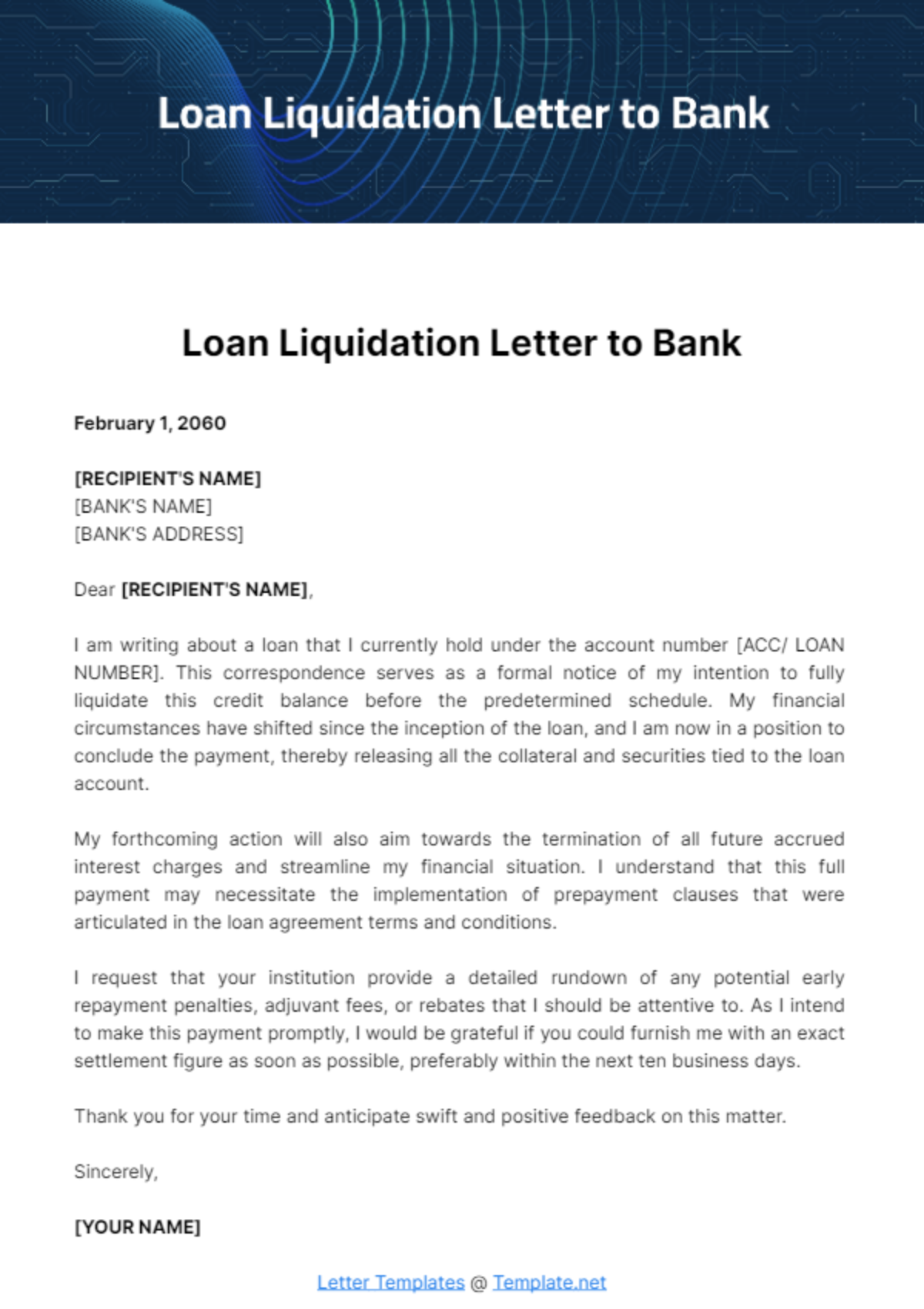 Free Loan Liquidation Letter to Bank Template