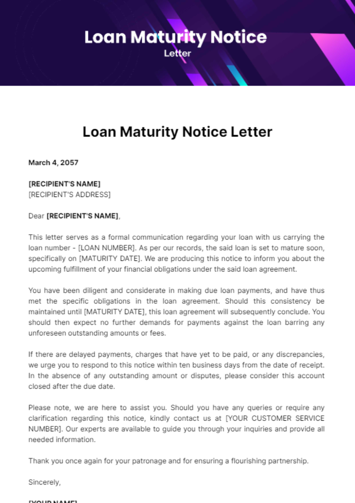 Free Loan Maturity Notice Letter Template