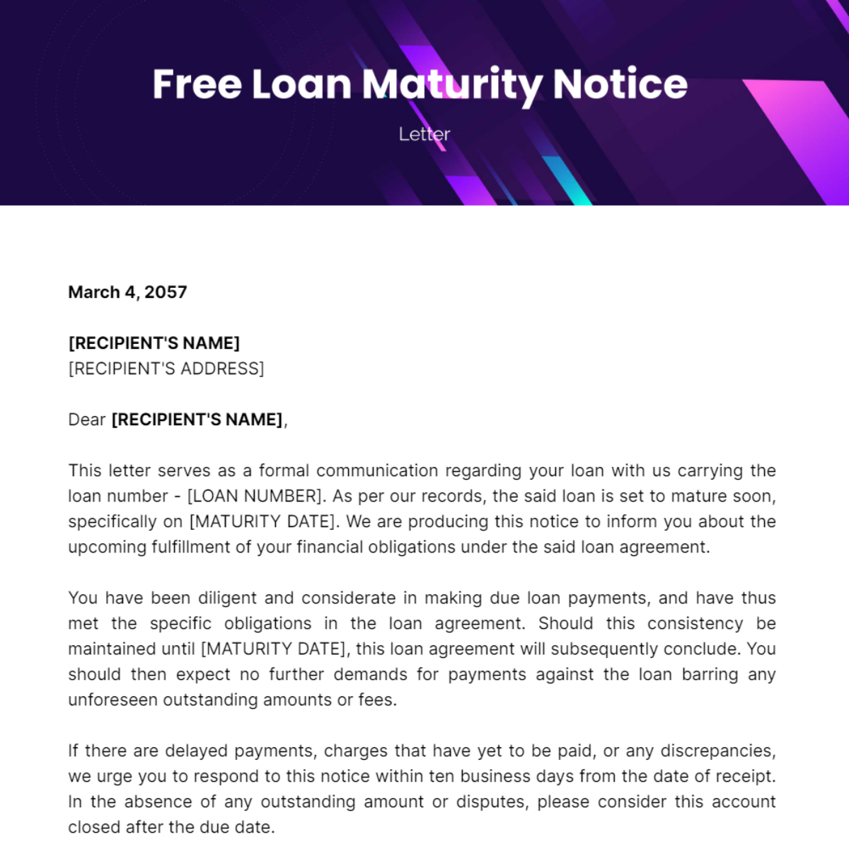 Loan Maturity Notice Letter Template