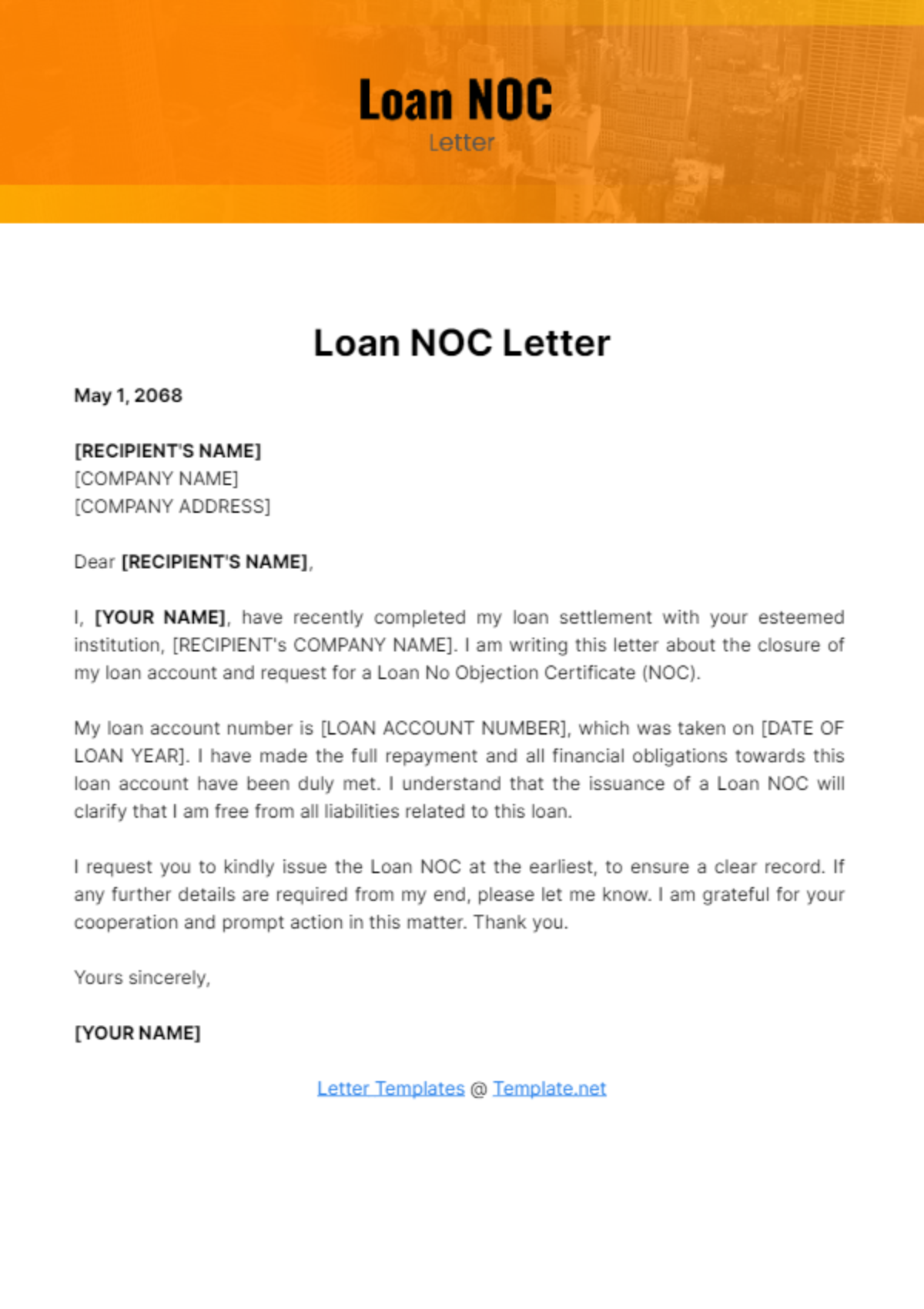Free Loan NOC Letter Template