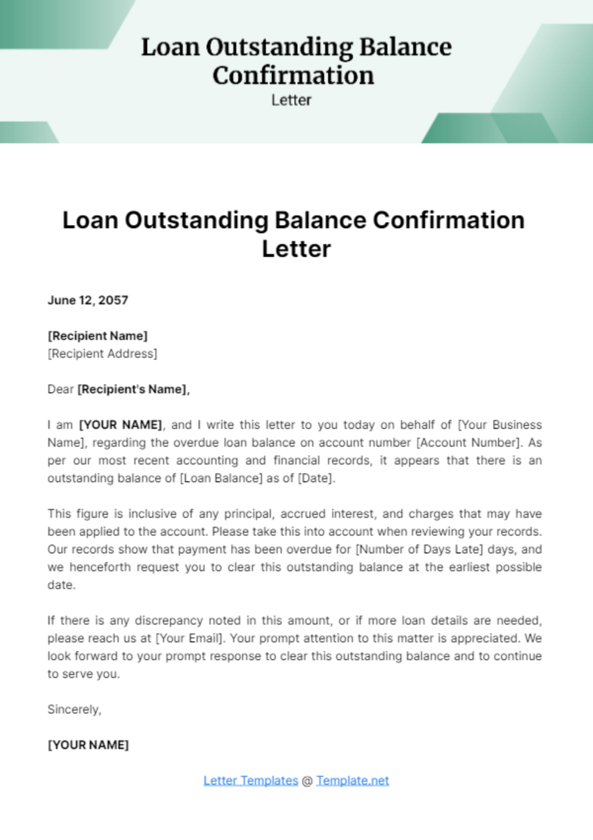 Free Loan Outstanding Balance Confirmation Letter Template