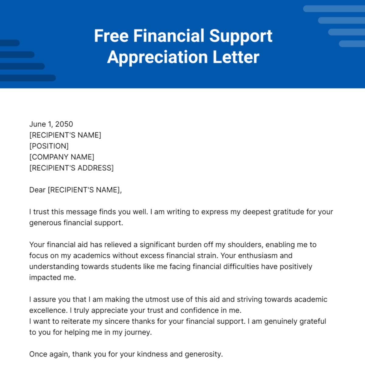 Financial Support Appreciation Letter Template