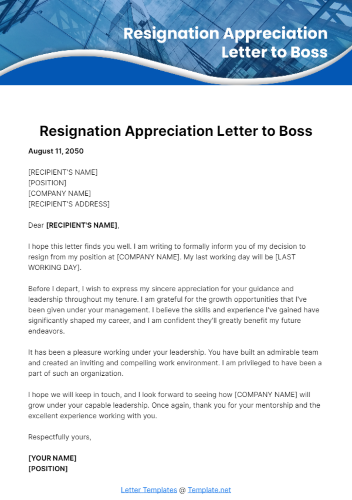 Free Resignation Appreciation Letter to Boss Template