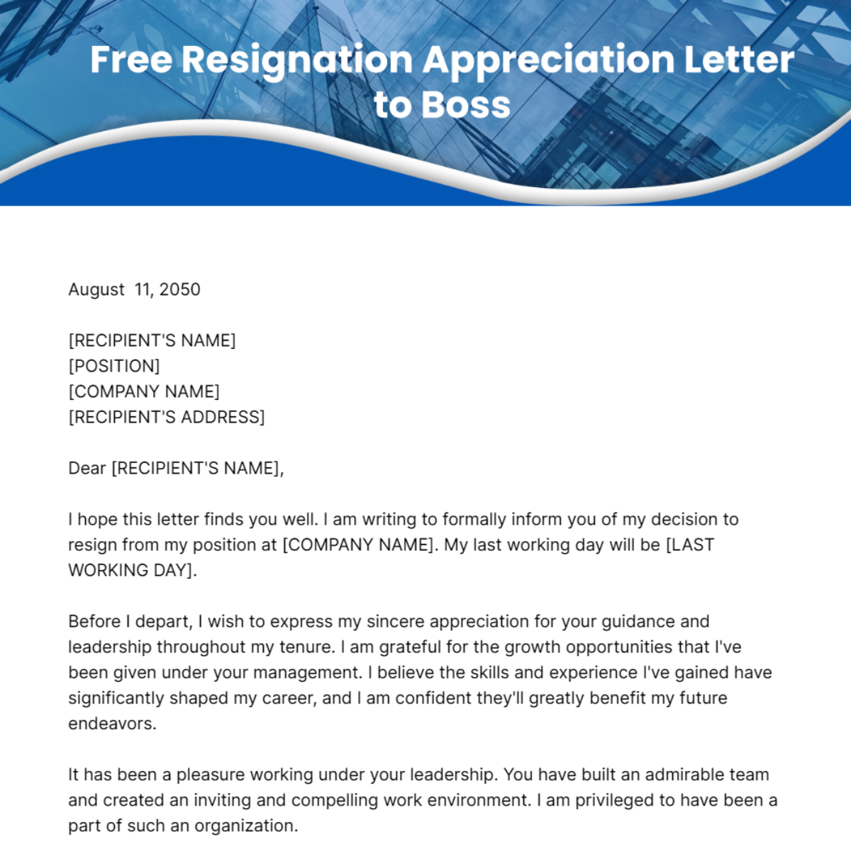 Resignation Appreciation Letter to Boss Template