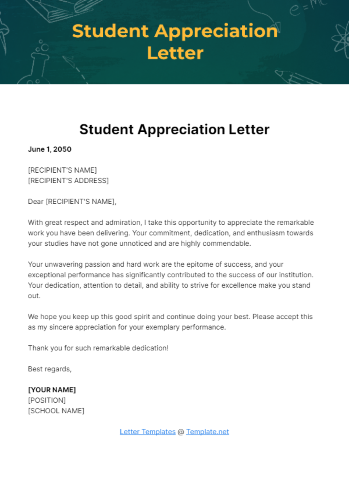Free Student Appreciation Letter Template