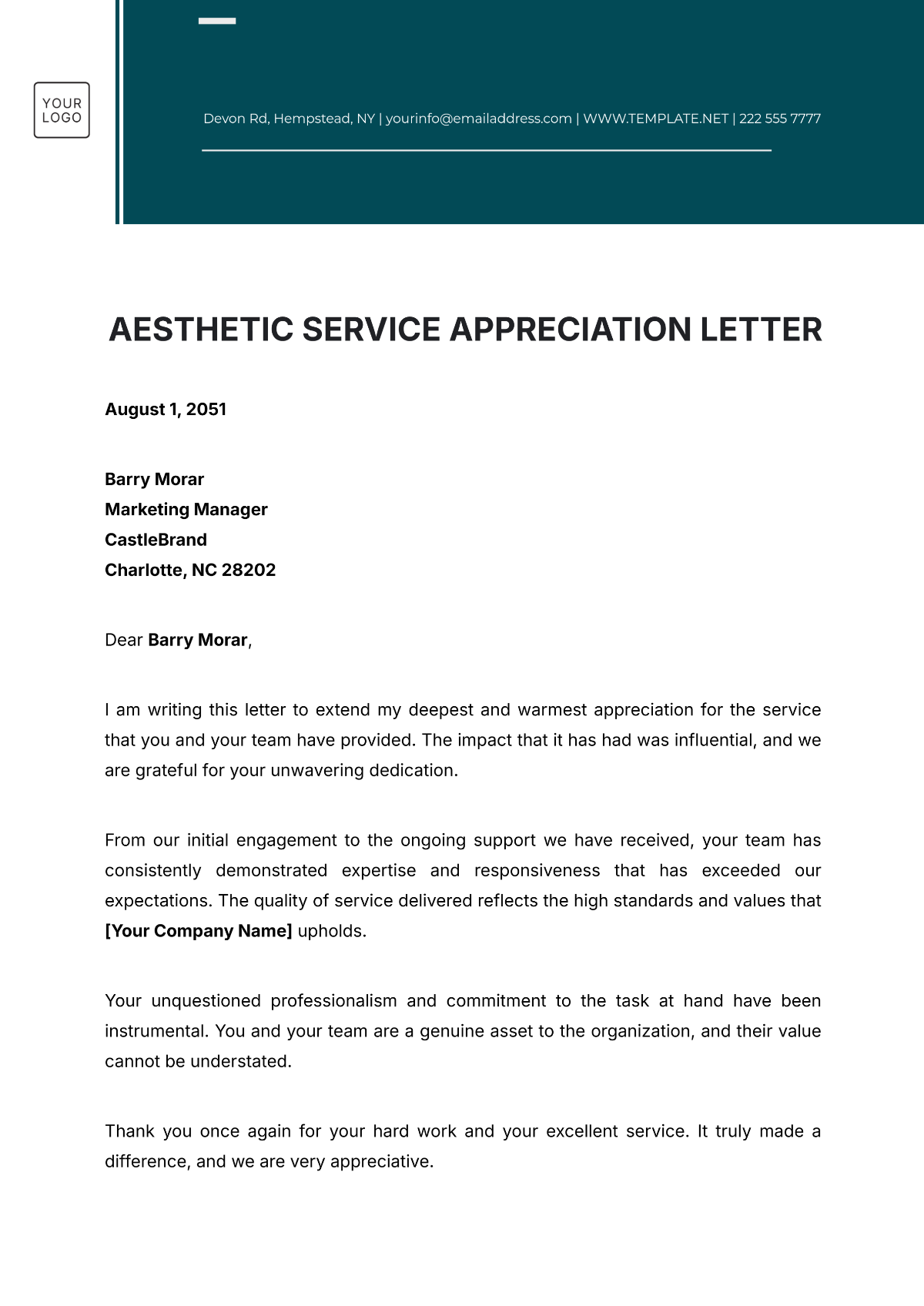 Aesthetic Service Appreciation Letter Template