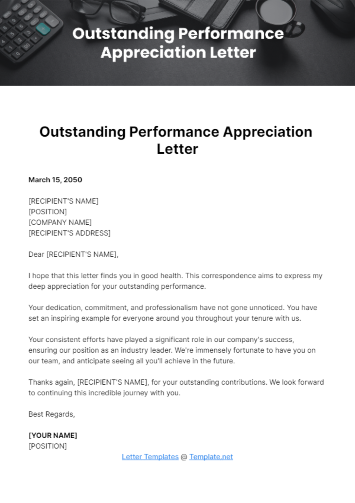 Free Outstanding Performance Appreciation Letter Template