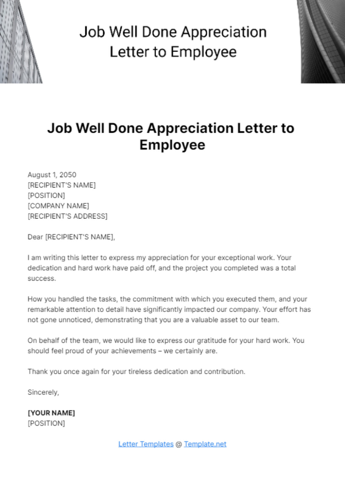 Free Job Well Done Appreciation Letter to Employee Template
