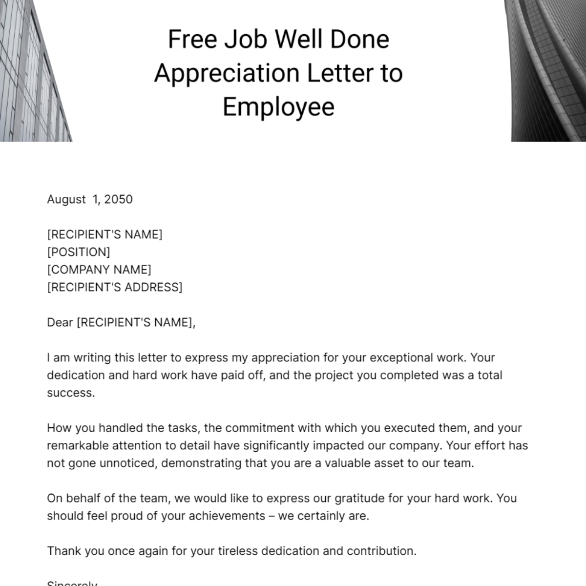 Job Well Done Appreciation Letter to Employee Template