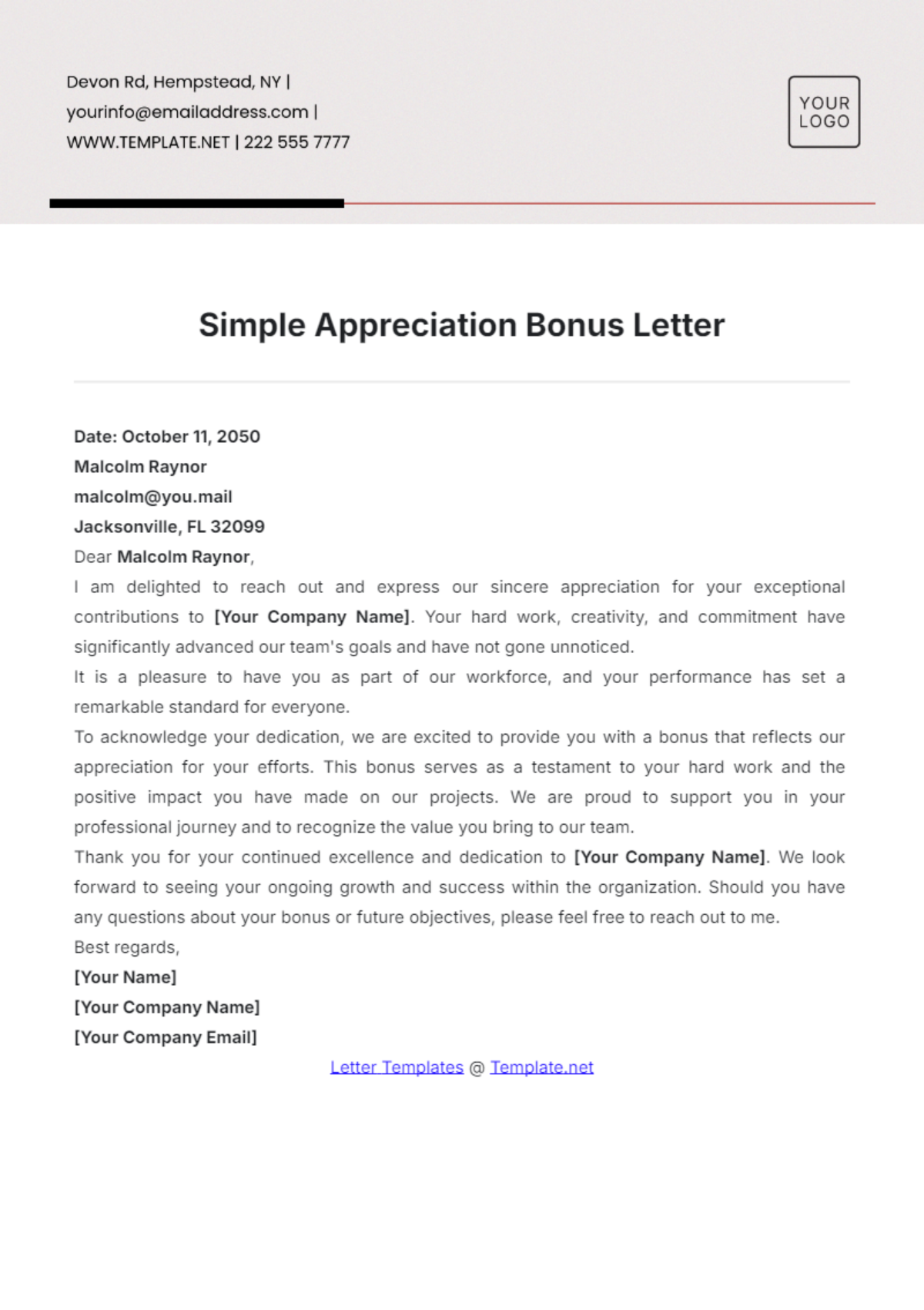 Simple Appreciation Bonus Letter Template - Edit Online & Download