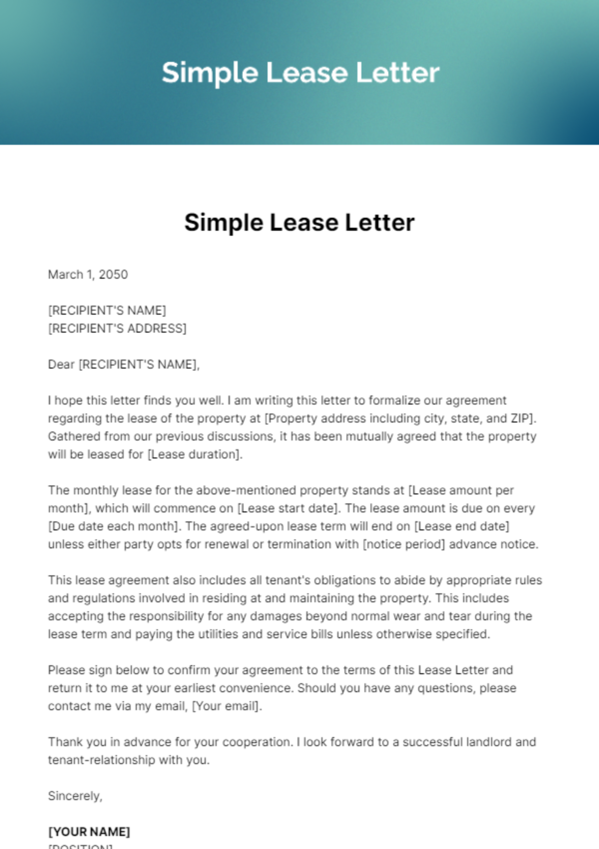 Free Simple Lease Letter Template