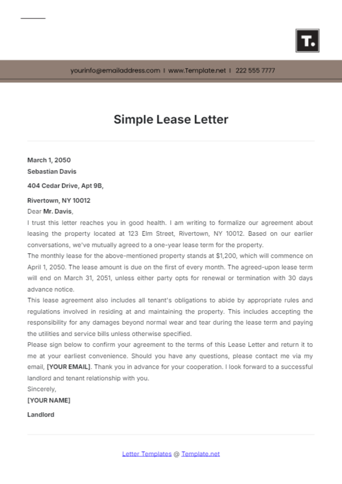 Simple Lease Letter Template