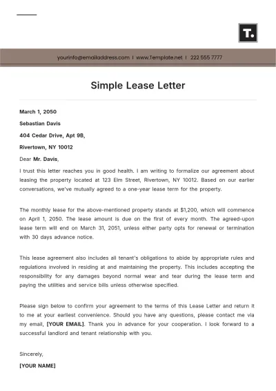 Free Simple Lease Letter Template to Edit Online