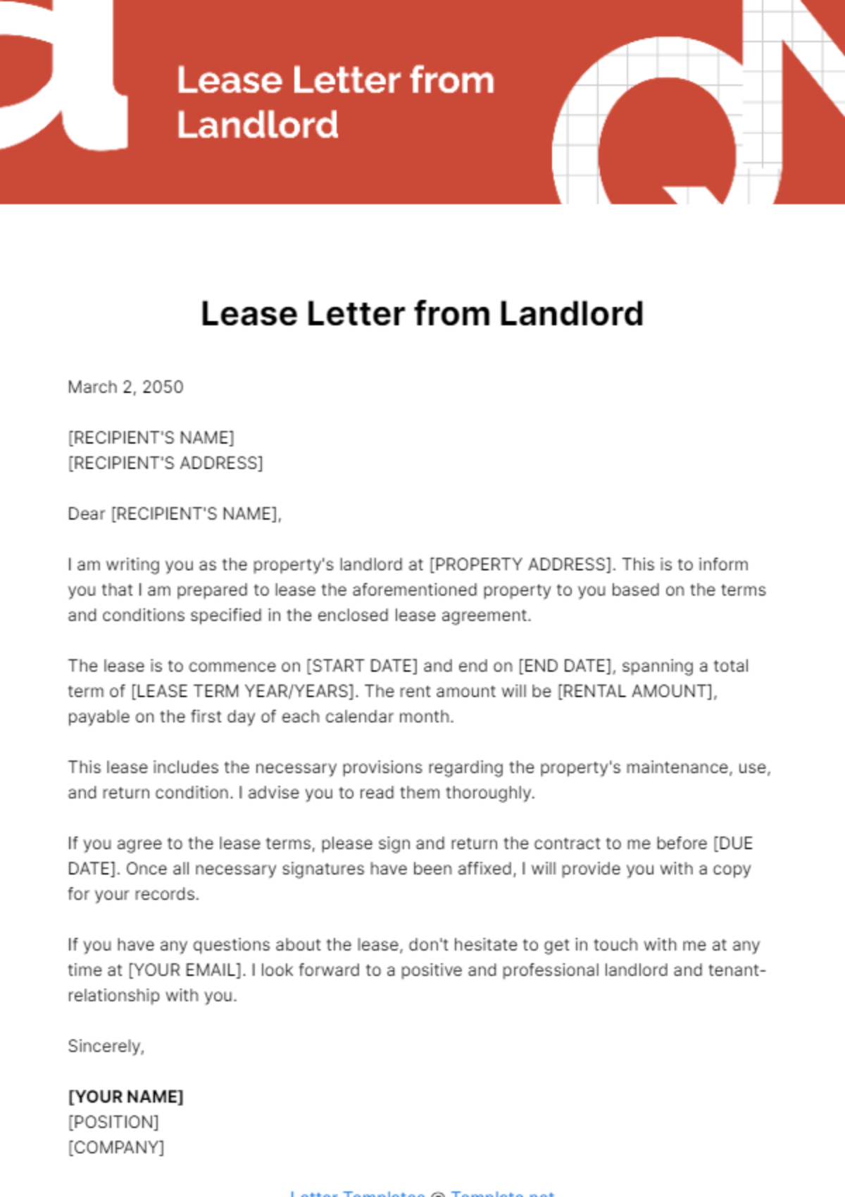 Free Lease Letter from Landlord Template