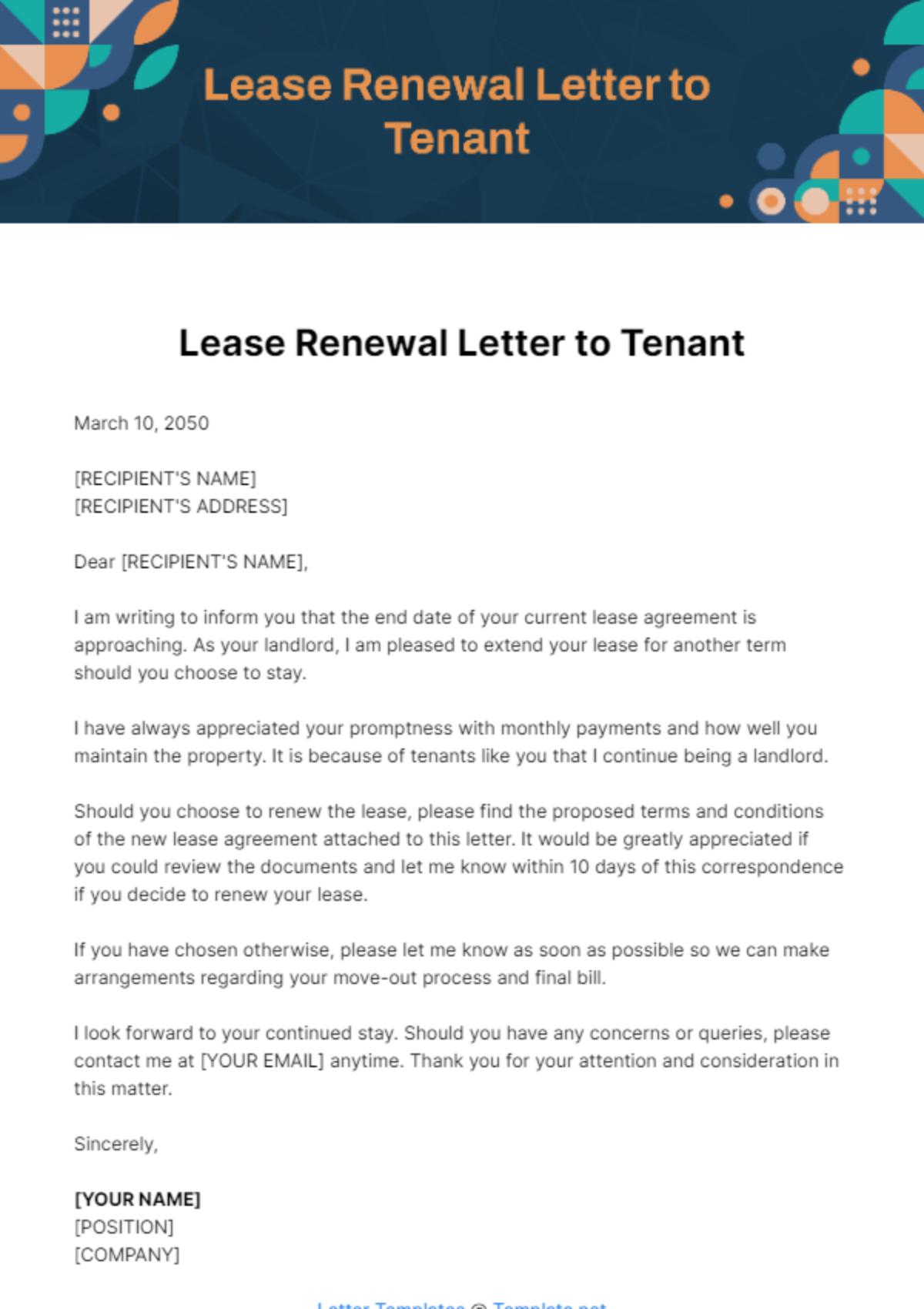 Free Lease Renewal Letter to Tenant Template