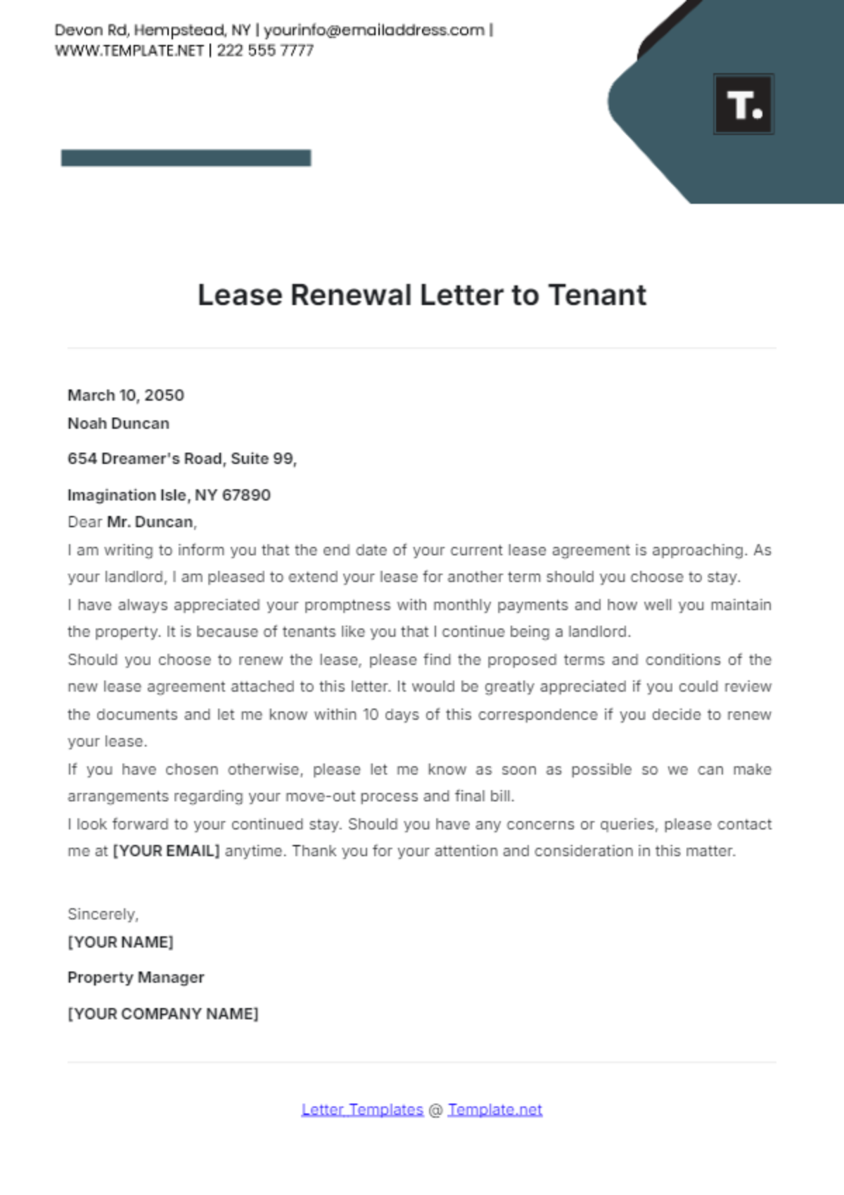 Lease Renewal Letter to Tenant Template