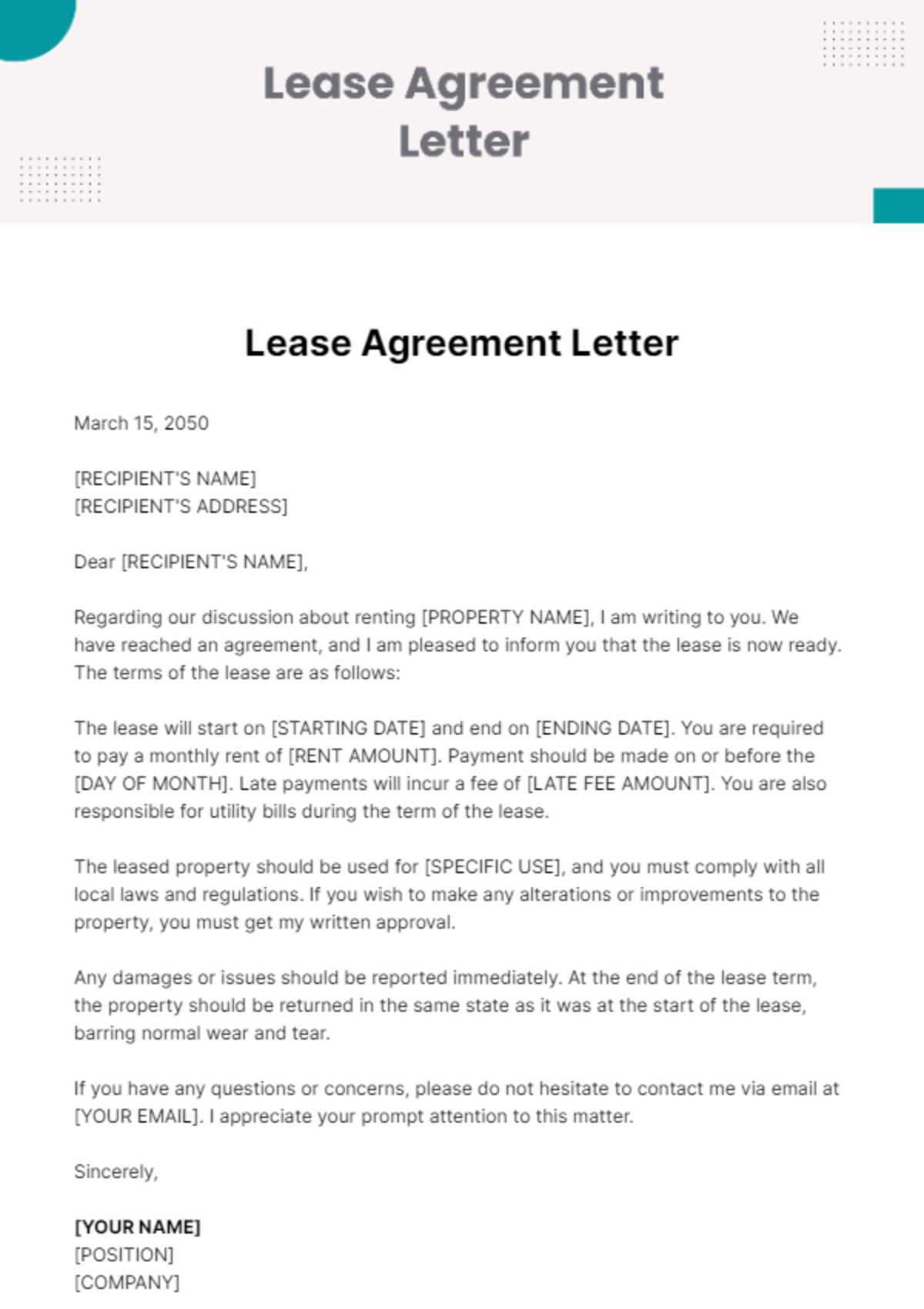 Free Lease Agreement Letter Template