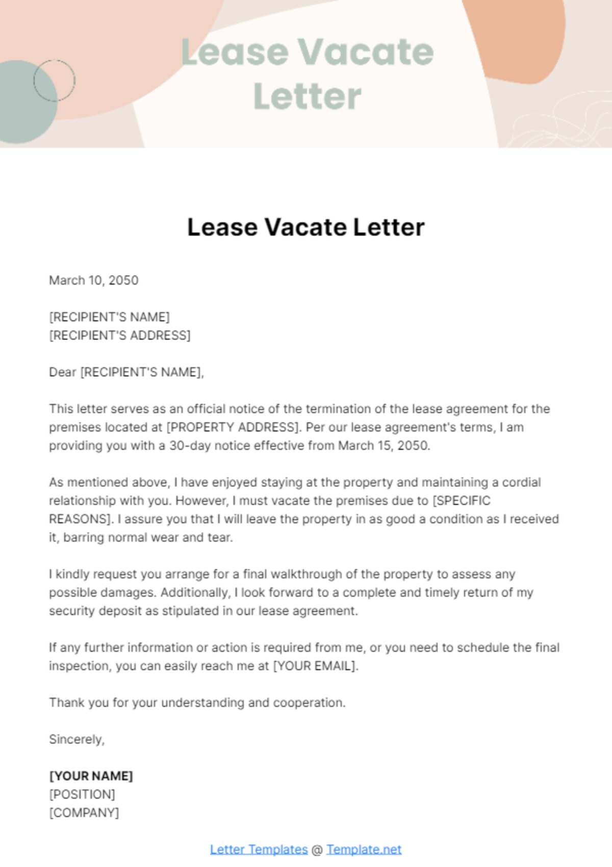 Free Lease Vacate Letter Template