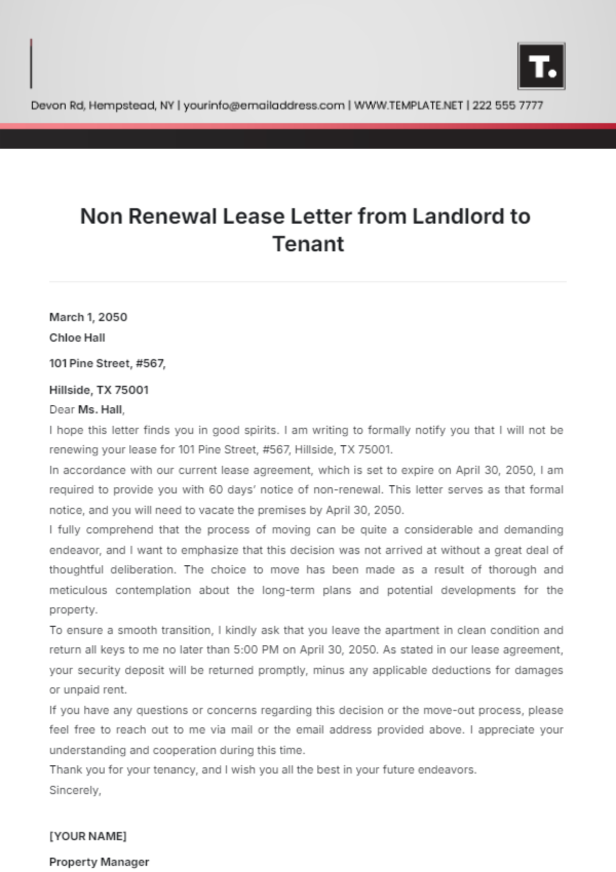 Non Renewal Lease Letter from Landlord to Tenant Template