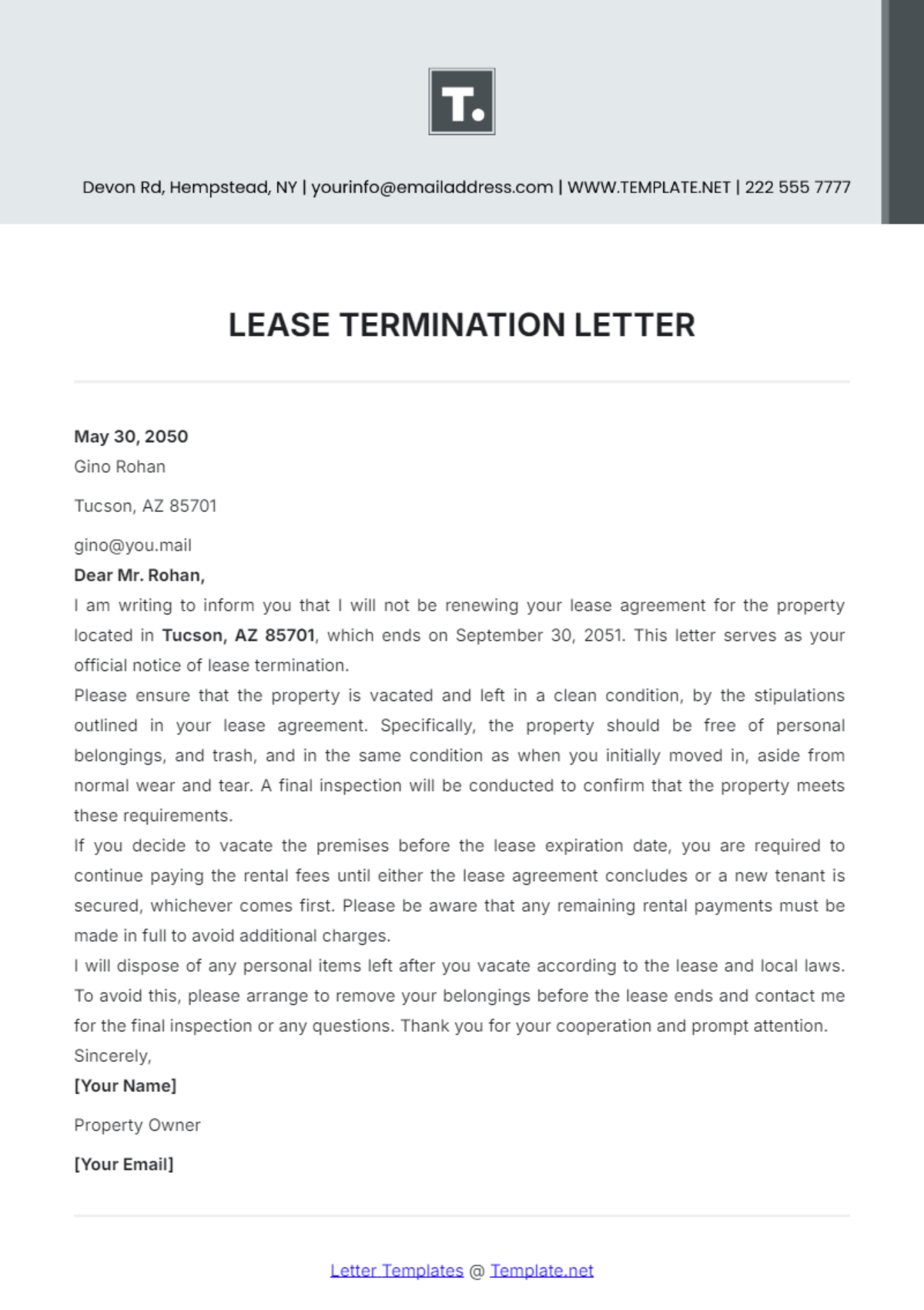 Lease Termination Letter Template - Edit Online & Download