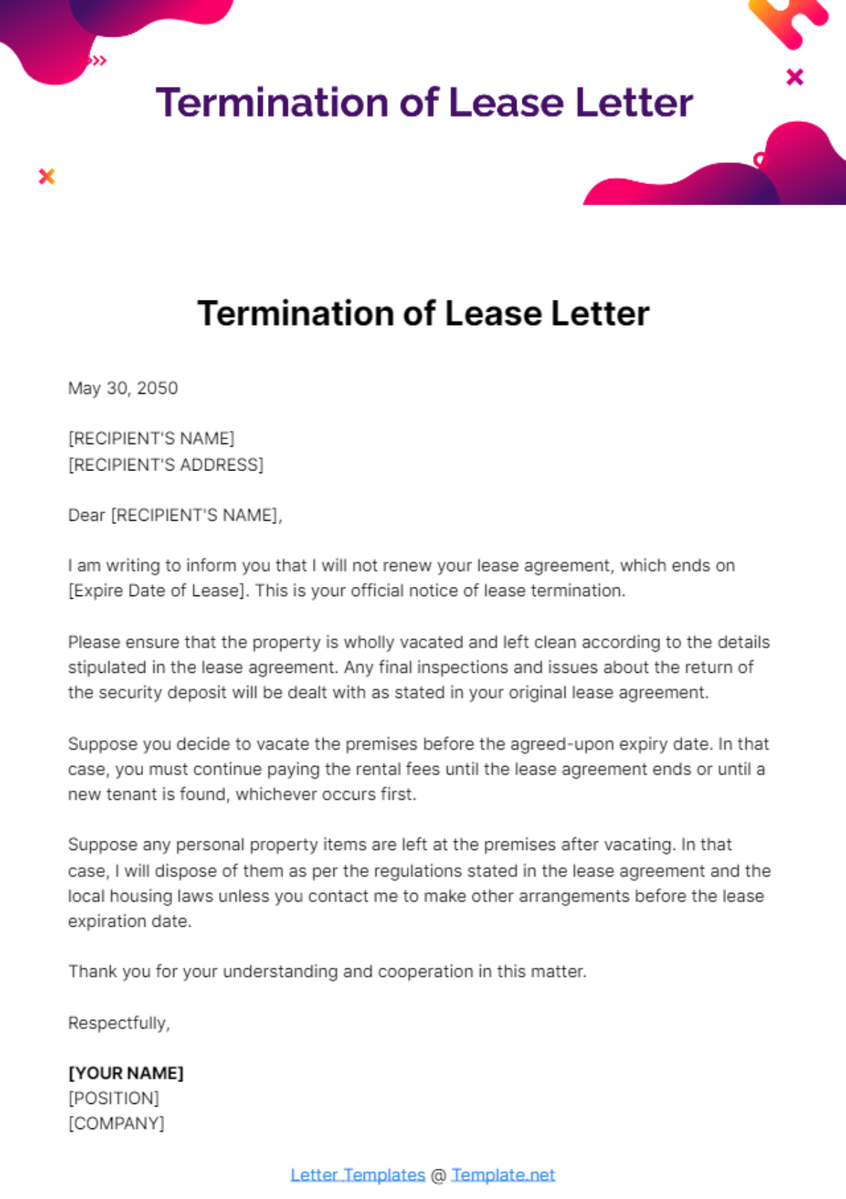 Free Termination of Lease Letter Template
