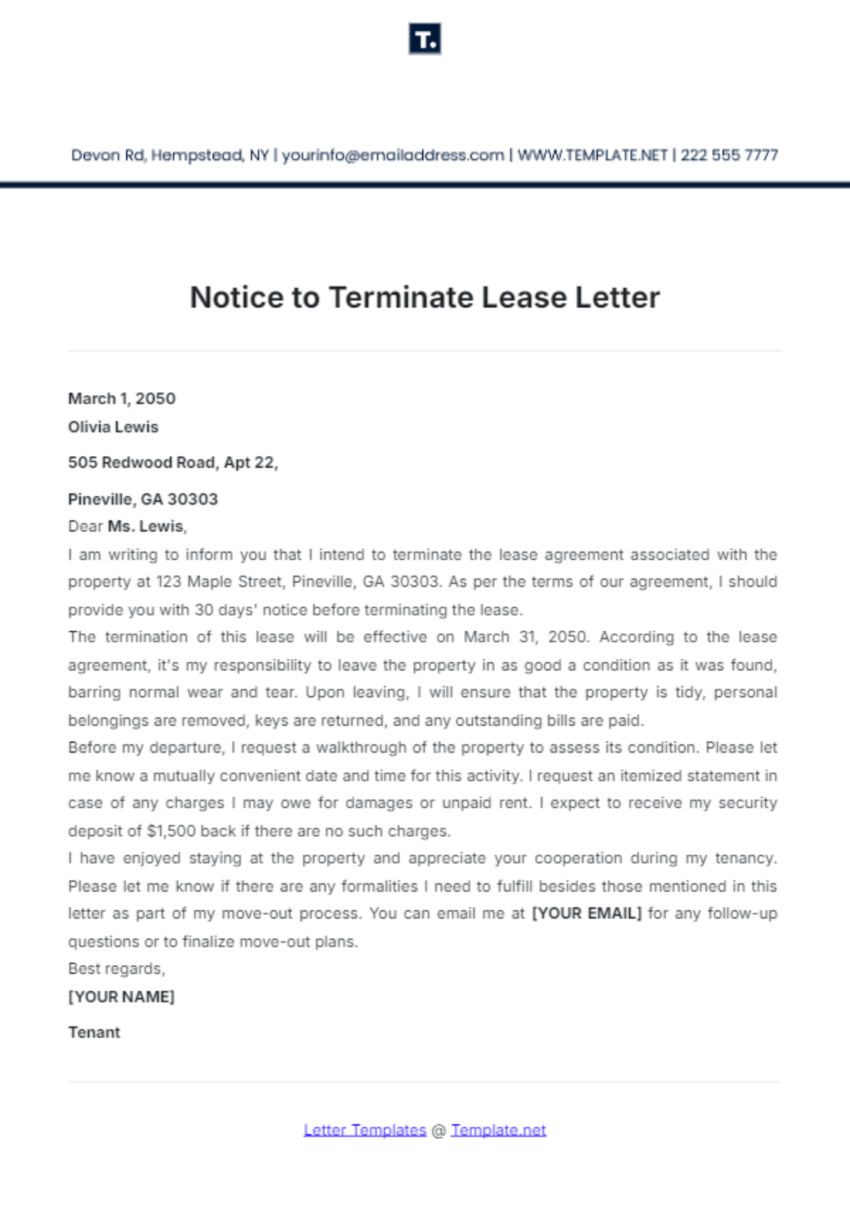 Notice to Terminate Lease Letter Template