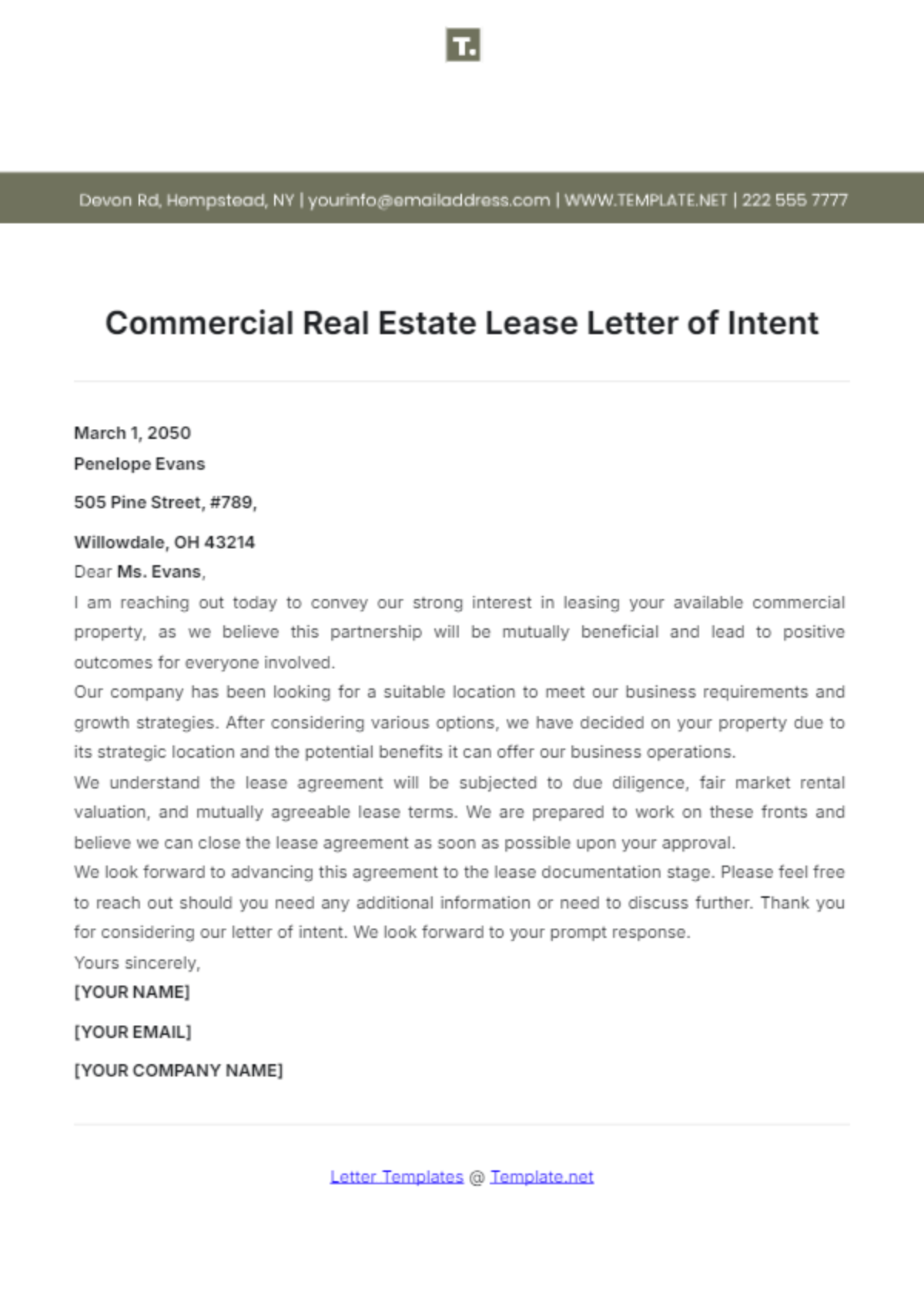 Commercial Real Estate Lease Letter of Intent Template