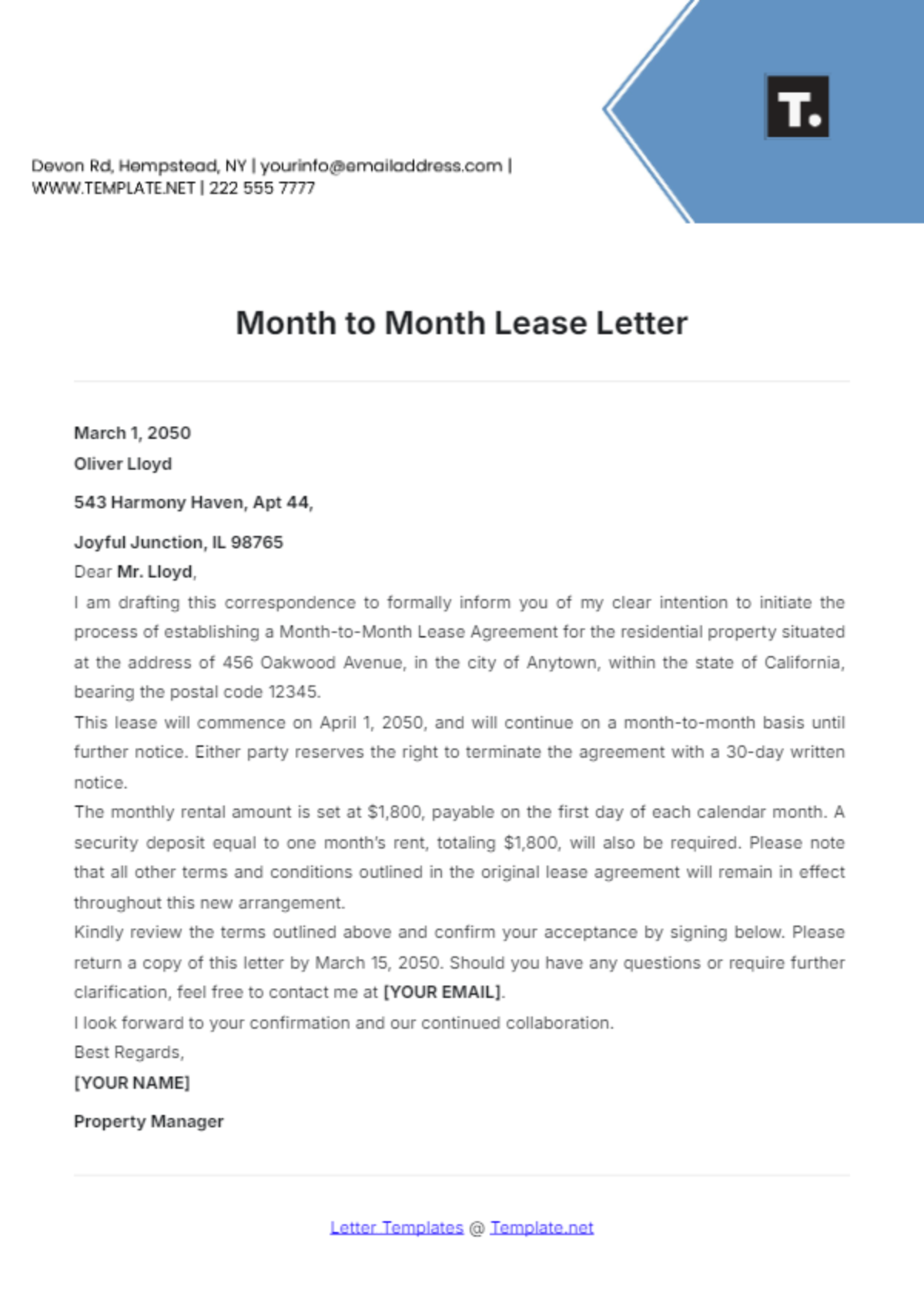 Month to Month Lease Letter Template