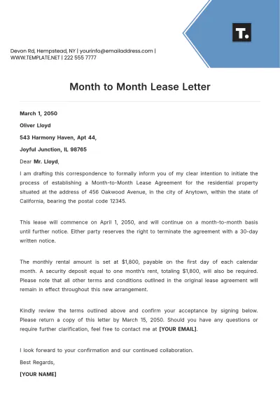Free Month to Month Lease Letter Template to Edit Online