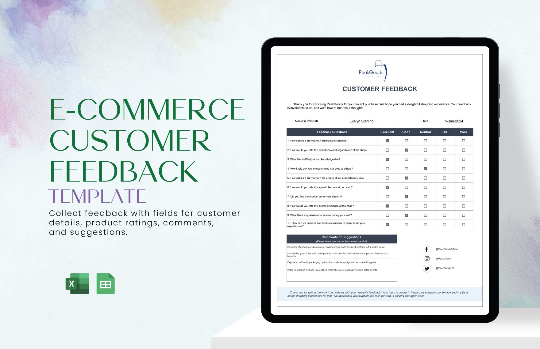 Free E-commerce Customer Feedback Template in Excel, Google Sheets